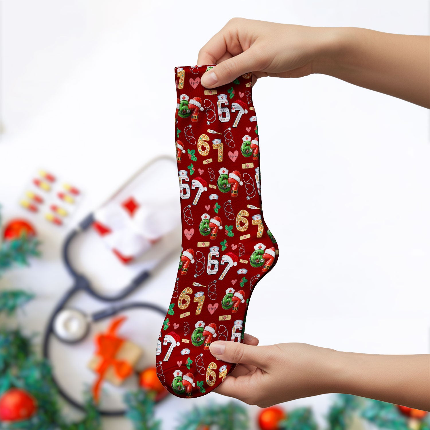 Christmas Nurse 67 Pattern Scrub Socks, Cute Holiday Medical Sock With Santa Hat, Uniform For Nursing