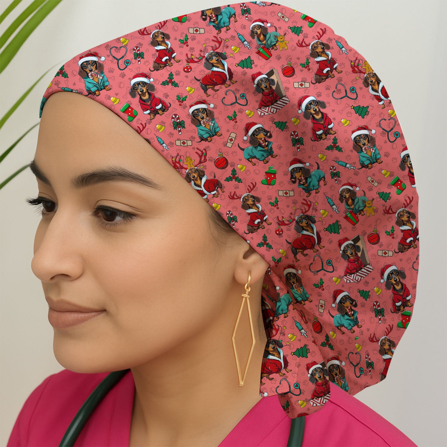 Christmas Dachshund Bouffant Scrub Caps for Women - Cute Sausage Dog Holiday Caps - Funny Reindeer & Santa - Breathable Fabrics Caps Uniform
