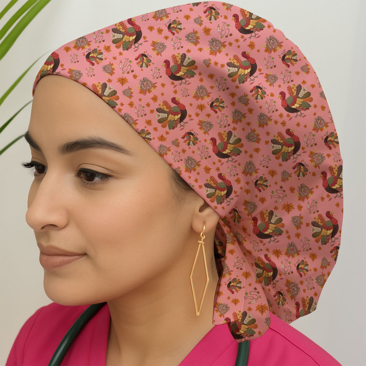 Fall Leaves Thanksgiving Bouffant Scrub Caps for Women - Breathable Fabrics Caps Uniform - Funny Turkey Surgical Caps for Doctors