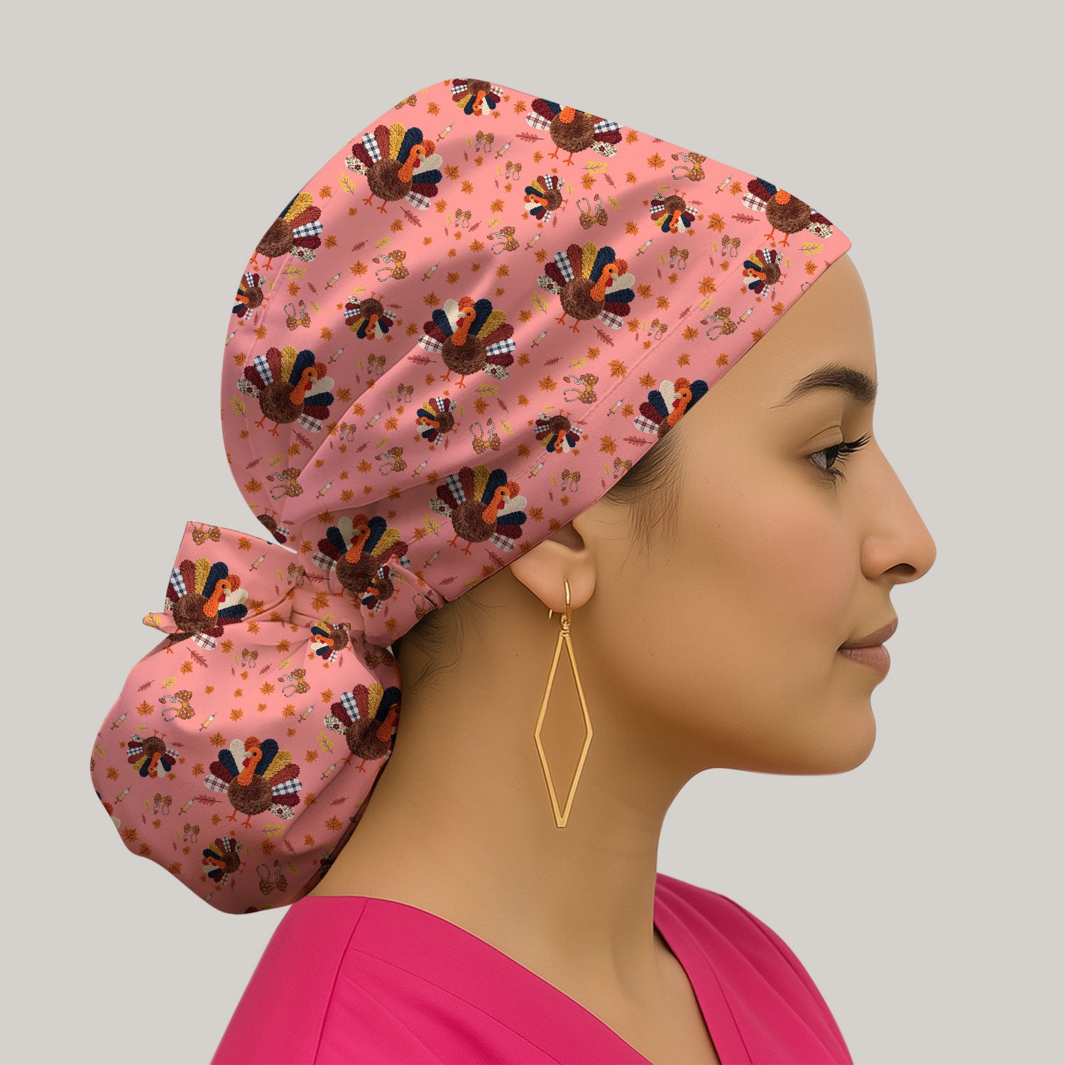 Thanksgiving Bouffant Scrub Caps for Women - Funny Autumn Turkey Surgical Caps for Doctors - Breathable Fabrics Caps Uniform