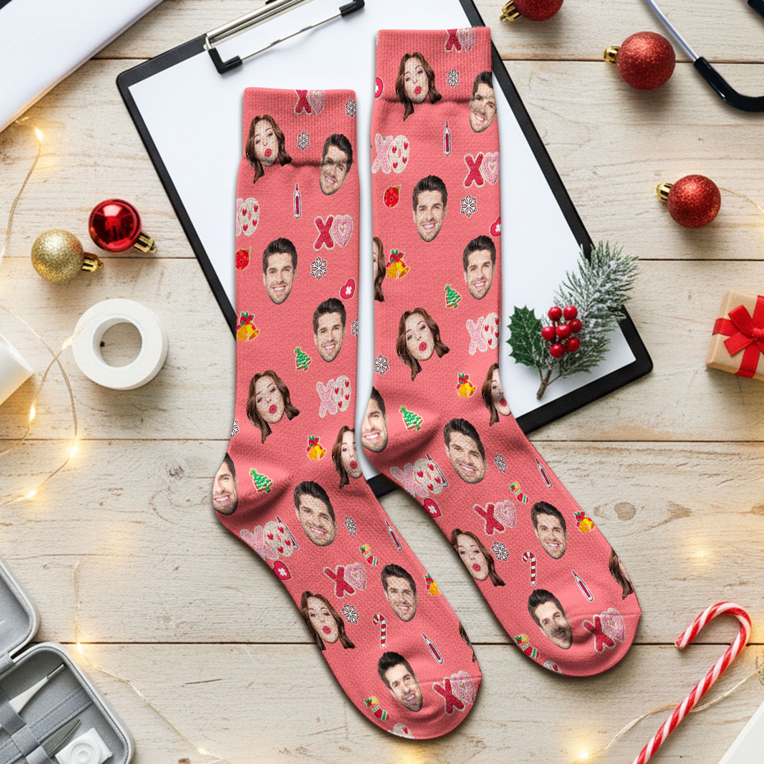 Personalized Photo Scrub Socks, Custom Face XOXO Scrub Sock, Breathable Fabrics Nursing Uniform