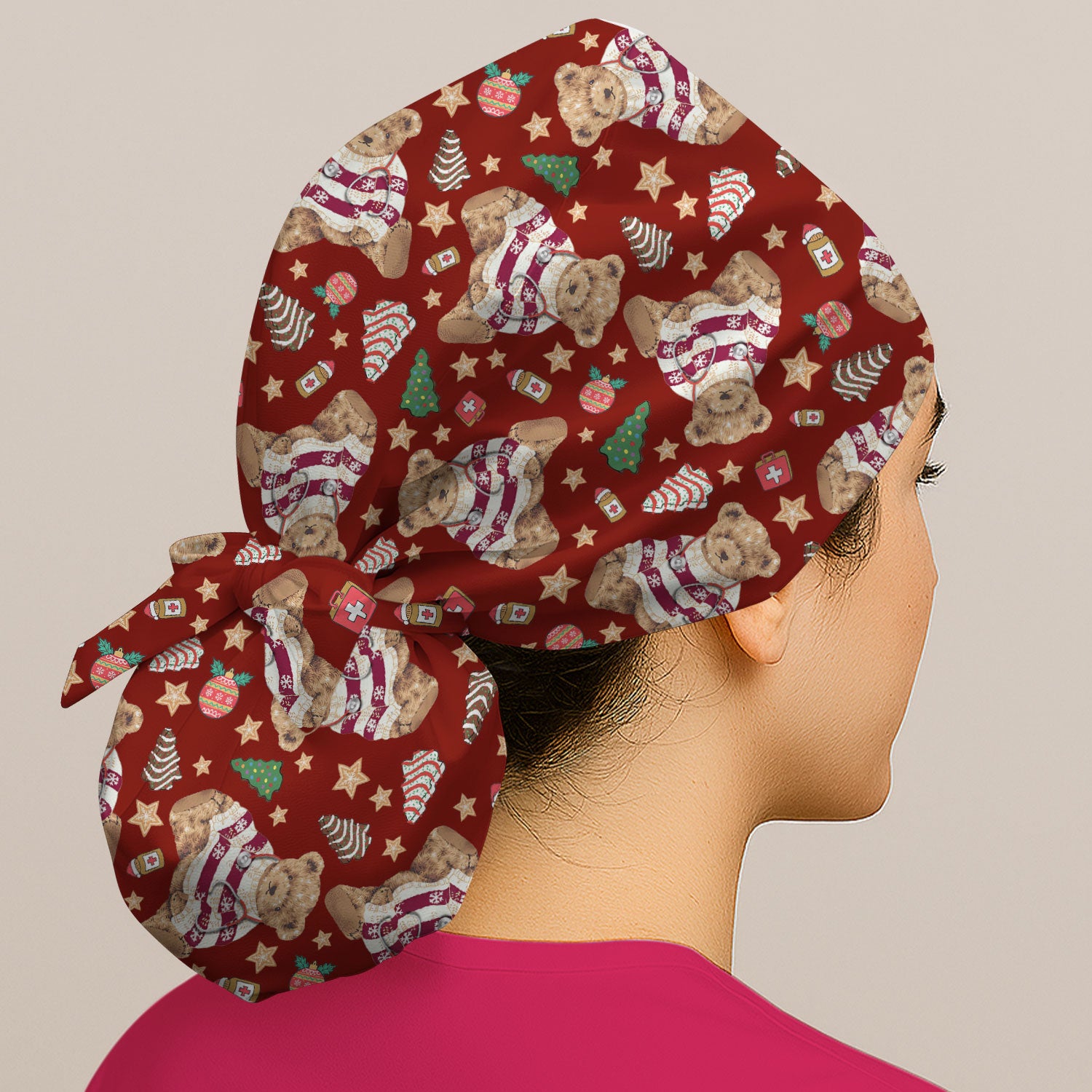 Teddy Bear Christmas Bouffant Scrub Caps for Women - Festive Holiday Nursing Gift - Breathable Fabrics Caps Uniform