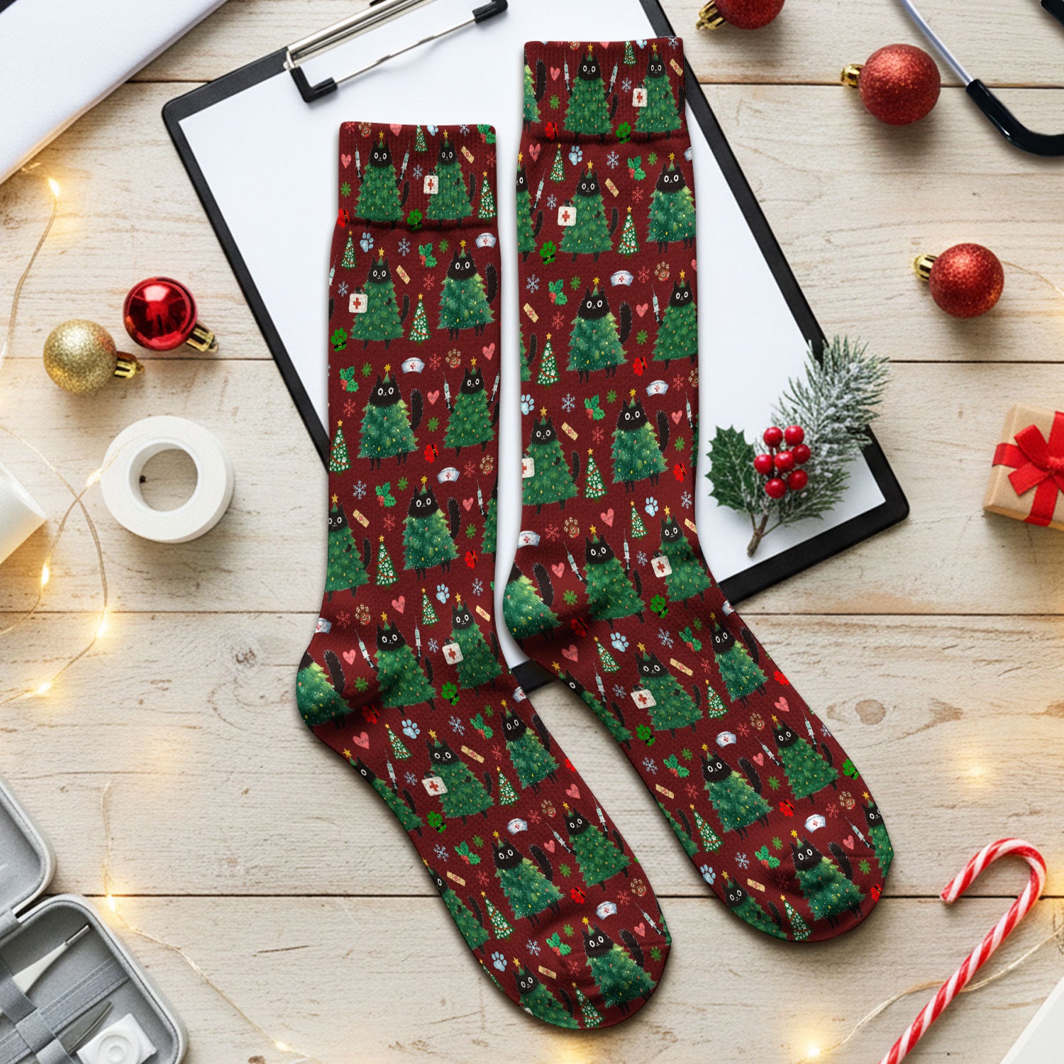 Christmas Nurse Scrub Socks, Xmas Black Cat Pattern Nurse Sock,  Breathable Fabrics Nursing Uniform
