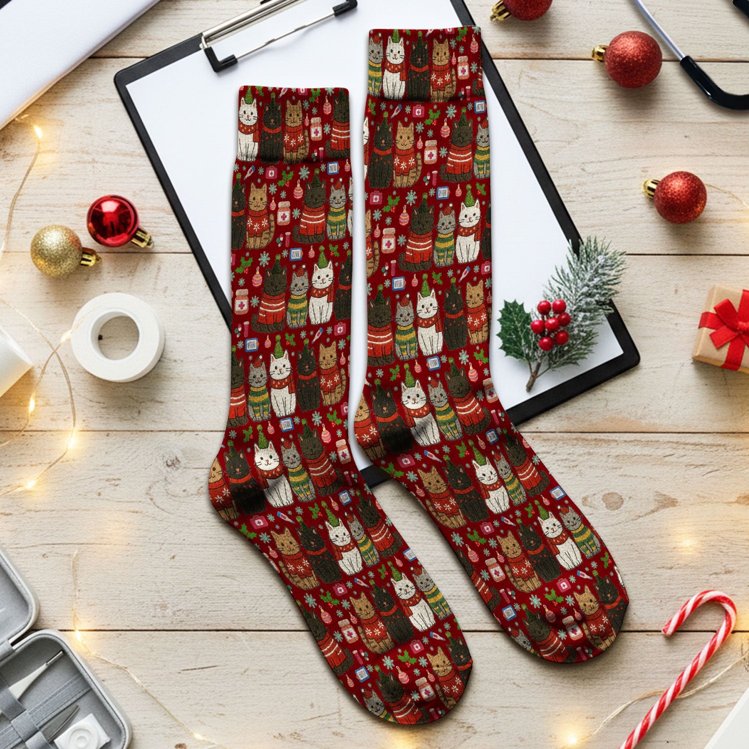 Christmas Cat Nurse Socks, Funny Holiday Medical Socks, Cute RN Gift For Nurses, Cat Lover Xmas Socks