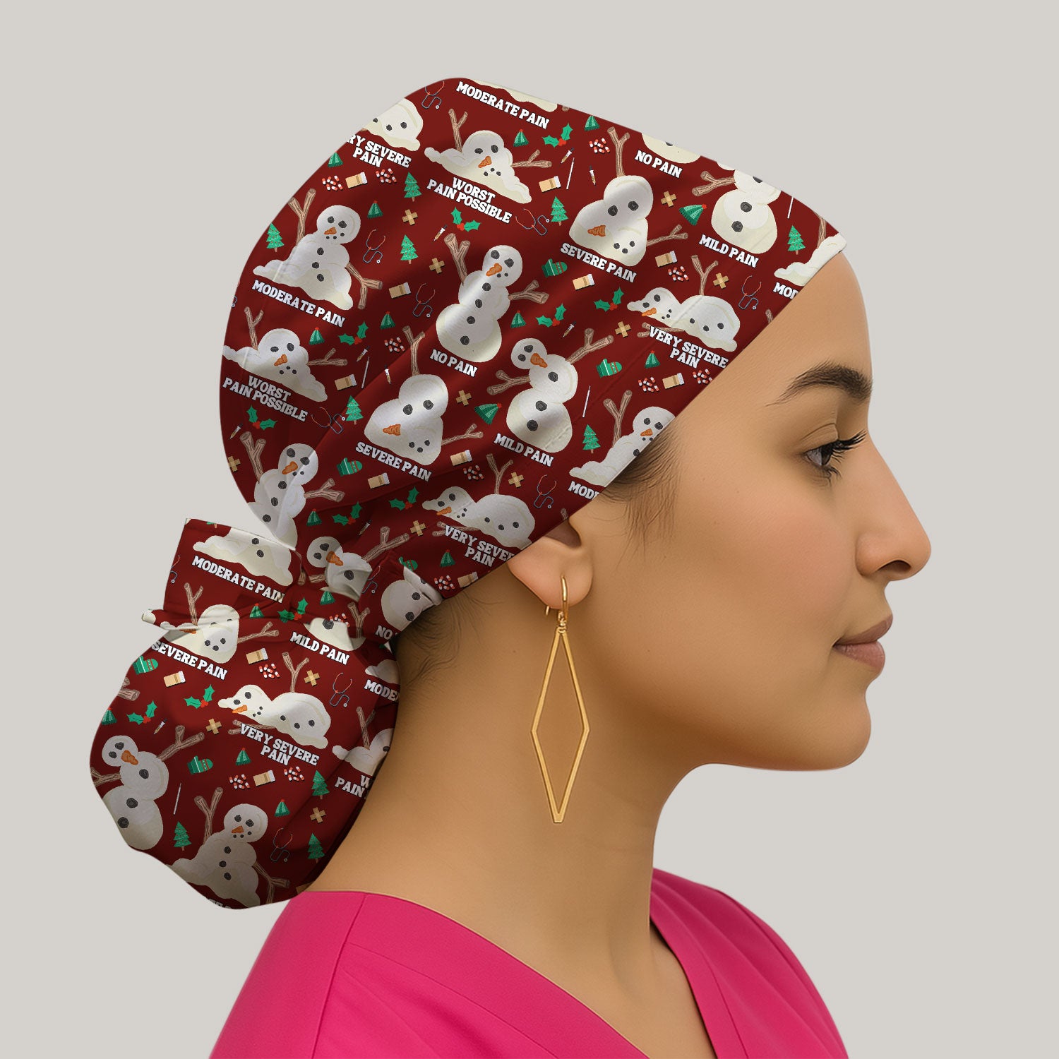 Funny Snowman Pain Scale Bouffant Scrub Caps for Women - Christmas Holiday Nursing Gift