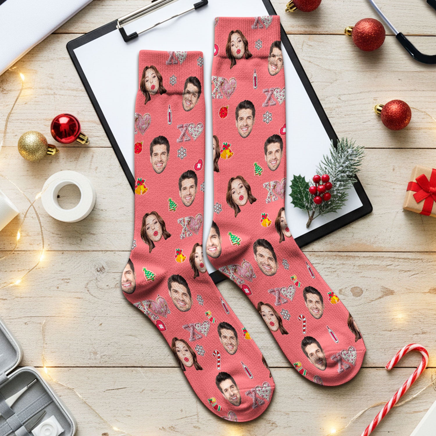 Custom Face Pattern XOXO Scrub Sock, Personalized Photo Scrub Socks, Breathable Fabrics Nursing Uniform