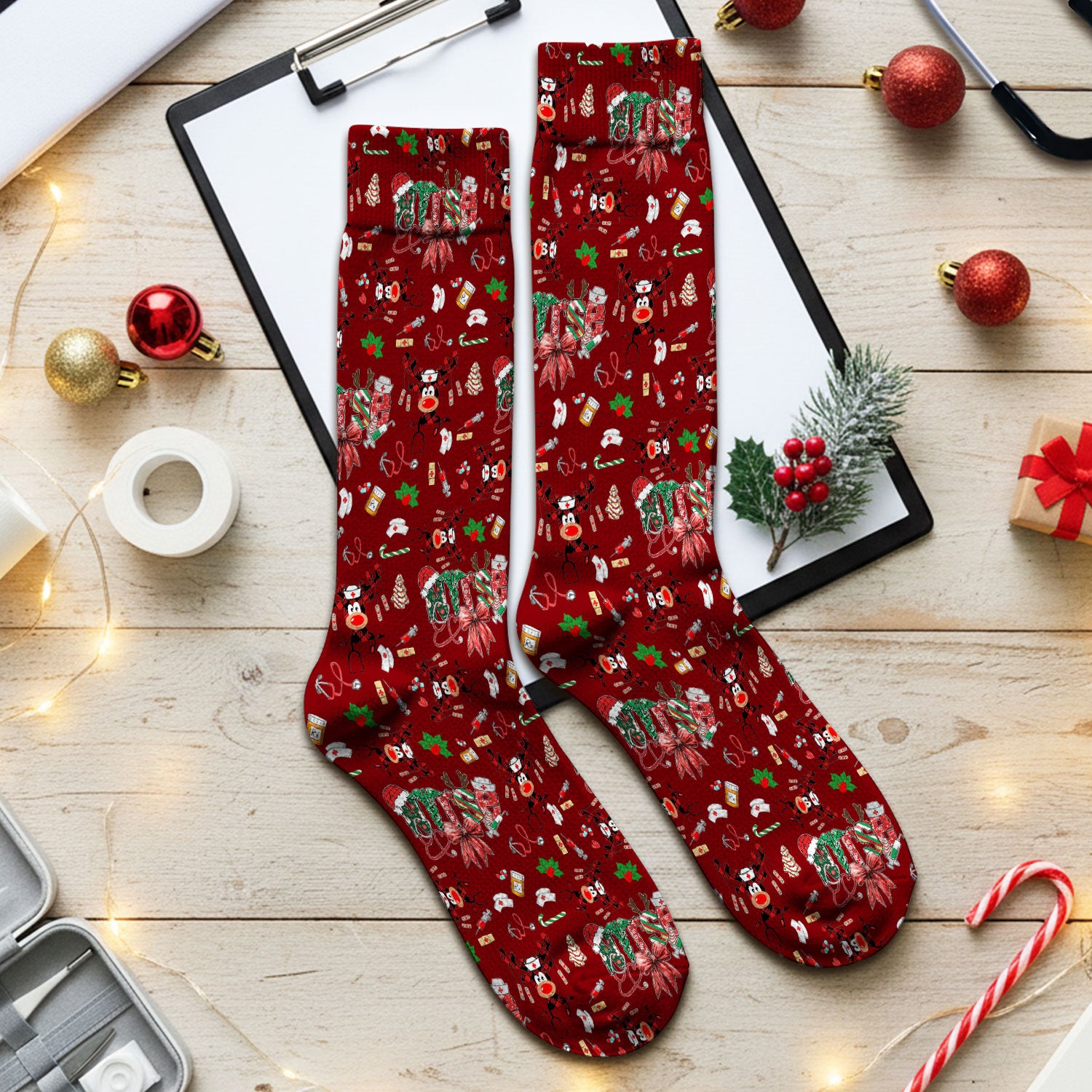 Whimsical Reindeer Christmas Scrub Socks – Festive Holiday Reindeer Pattern – Cute Medical Uniform for Nurses, Vets and Healthcare Workers