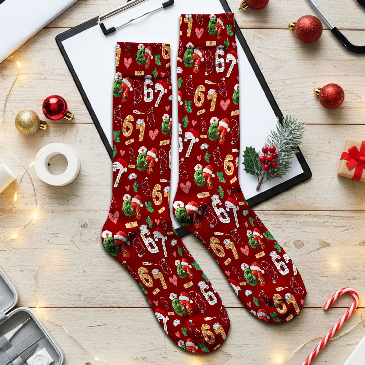 Christmas Nurse 67 Pattern Scrub Socks, Cute Holiday Medical Sock With Santa Hat, Uniform For Nursing