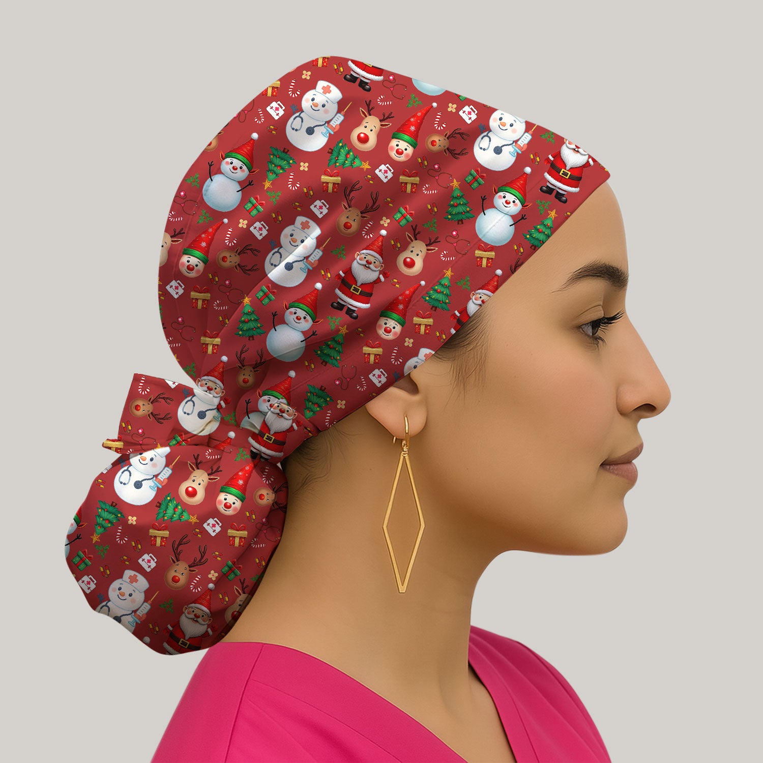 Christmas Bouffant Scrub Caps for Women - Cute Snowman Reindeer Santa Surgical Caps for Doctors - Breathable Fabrics Caps Uniform