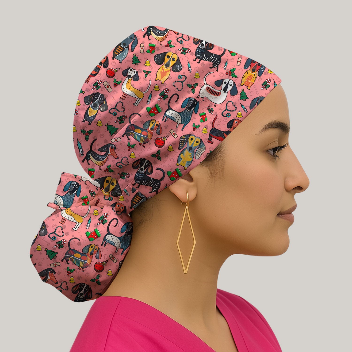 Christmas Wiener Dog Bouffant Scrub Caps for Women - Dachshund Holiday Nursing Gift - Breathable Fabrics Caps Uniform