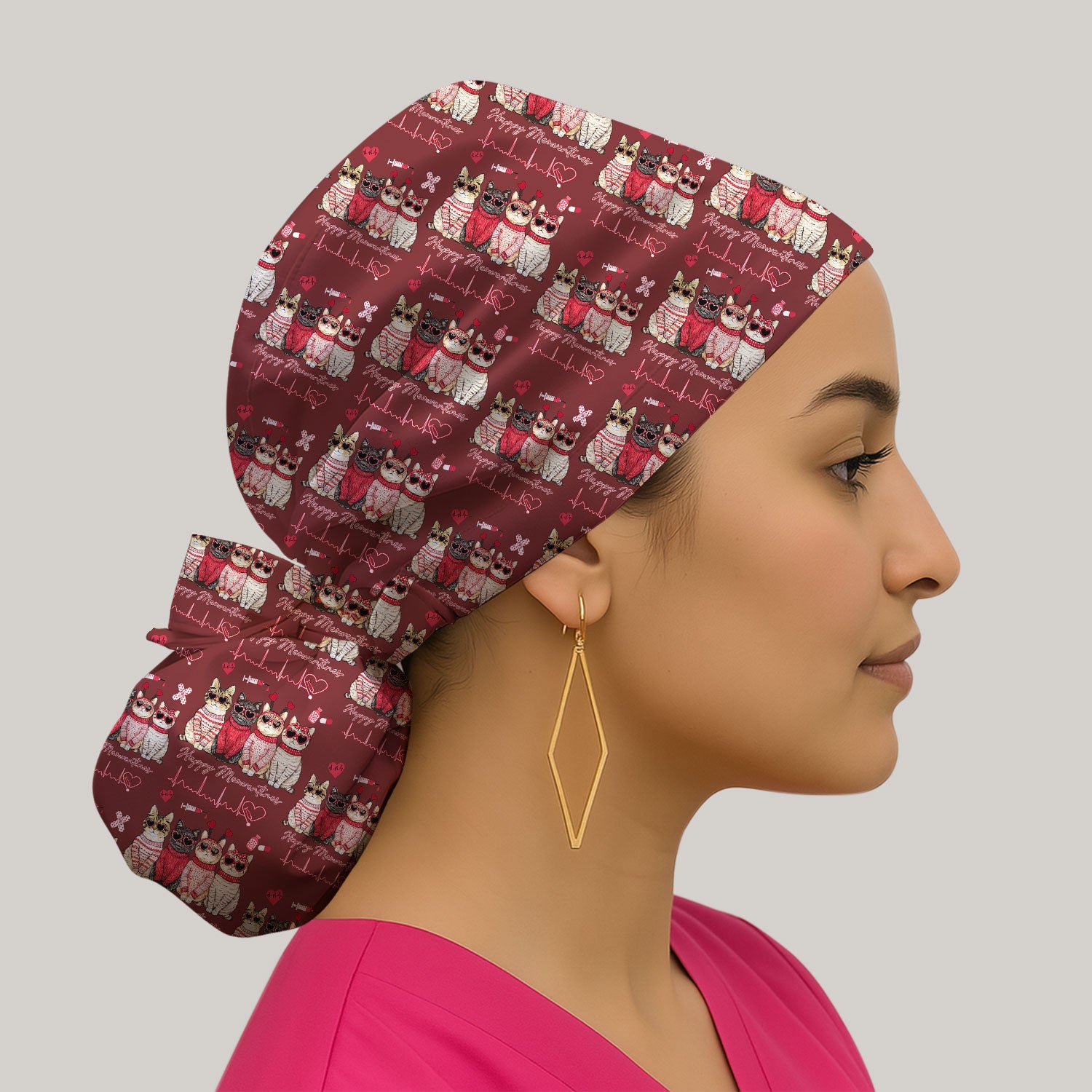 Happy Meowtines Cat Pattern Scrub Cap, Valentine Cat Lover Nurse Scrub Hat, Heartbeat Medical Pattern Nursing Uniform