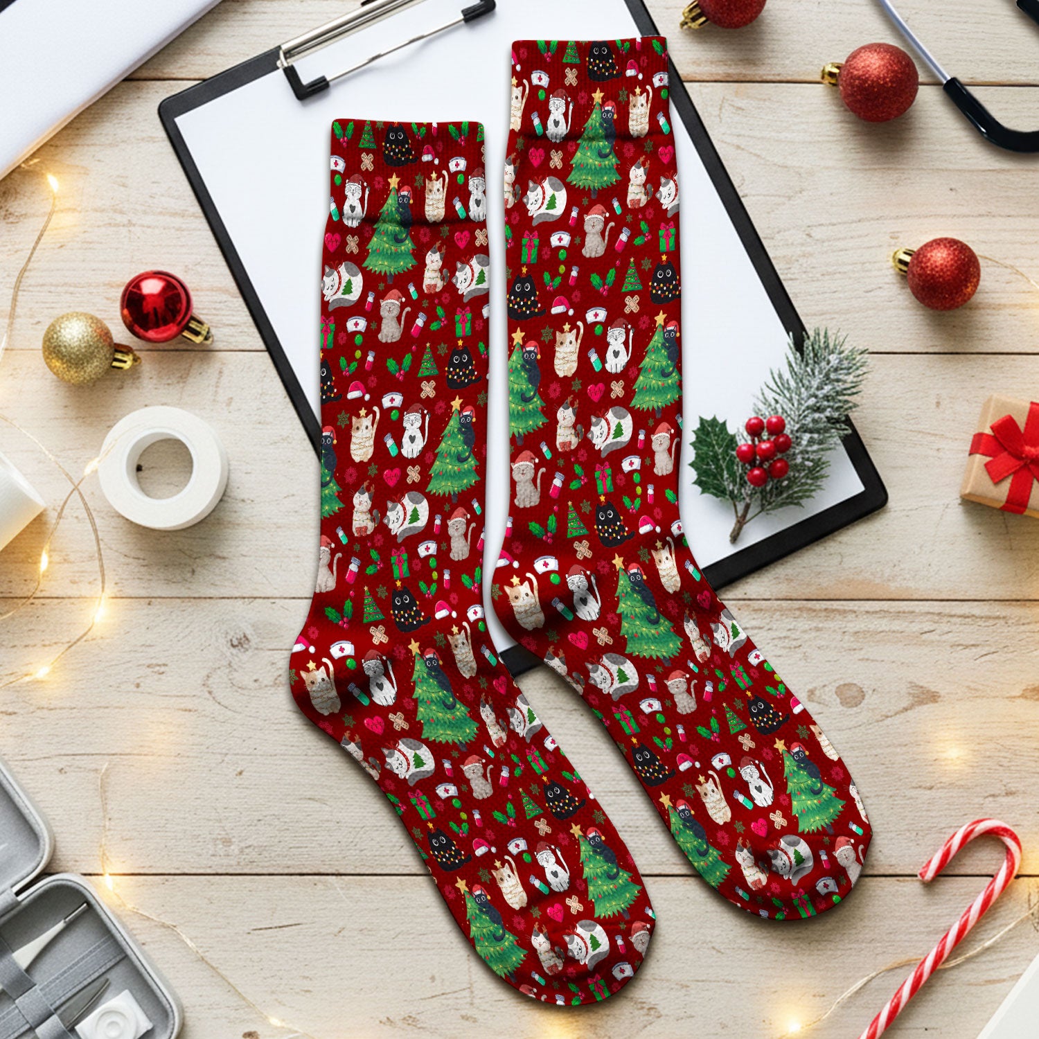 Christmas Cat Scrub Socks, Xmas Pet Pattern Scrub Sock, Breathable Fabrics Nursing Uniform