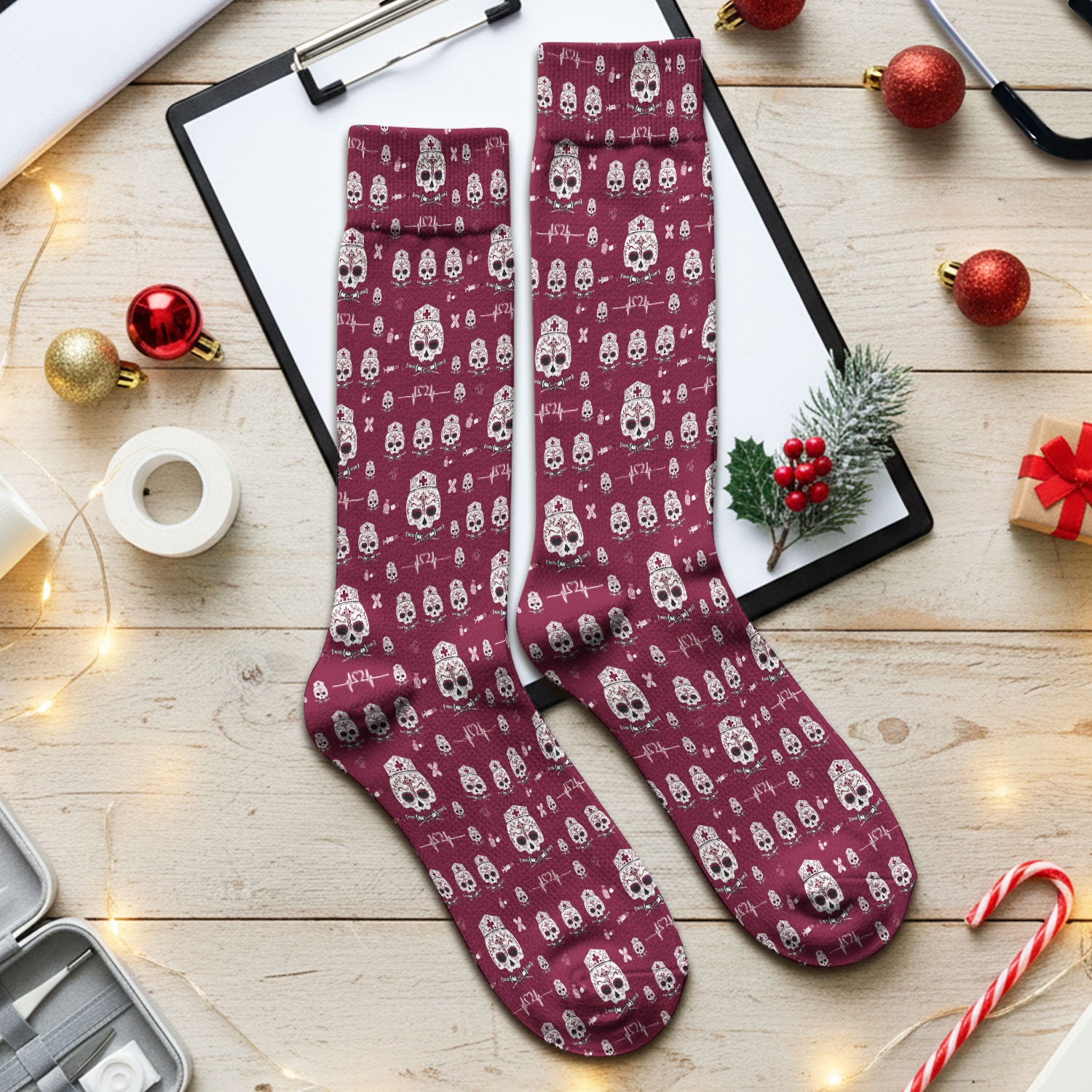 Sugar Skull Scrub Socks, Skull Pattern Scrub Sock, Breathable Fabrics Nursing Uniform