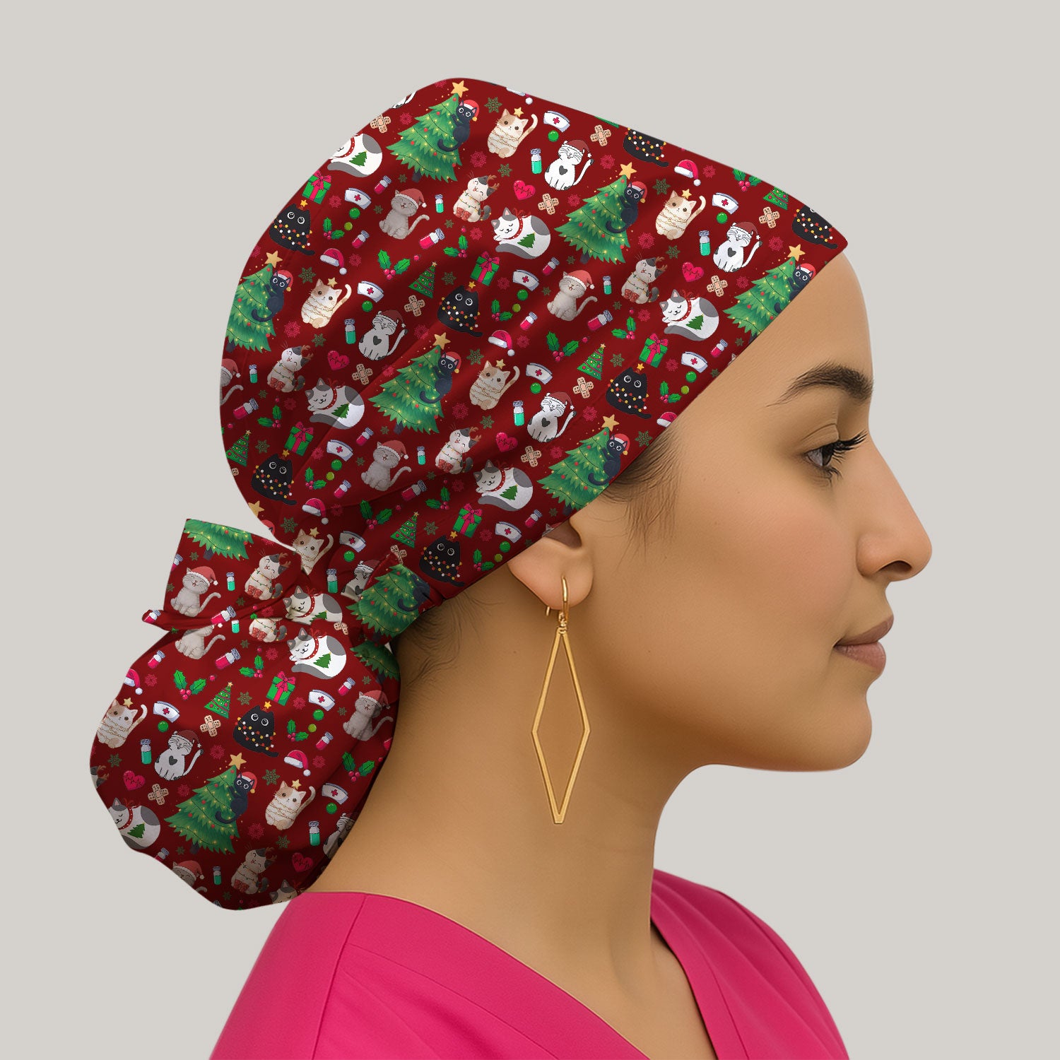 Christmas Cat Scrub Hat, Xmas Pet Pattern Scrub Cap, Breathable Fabrics Nursing Uniform