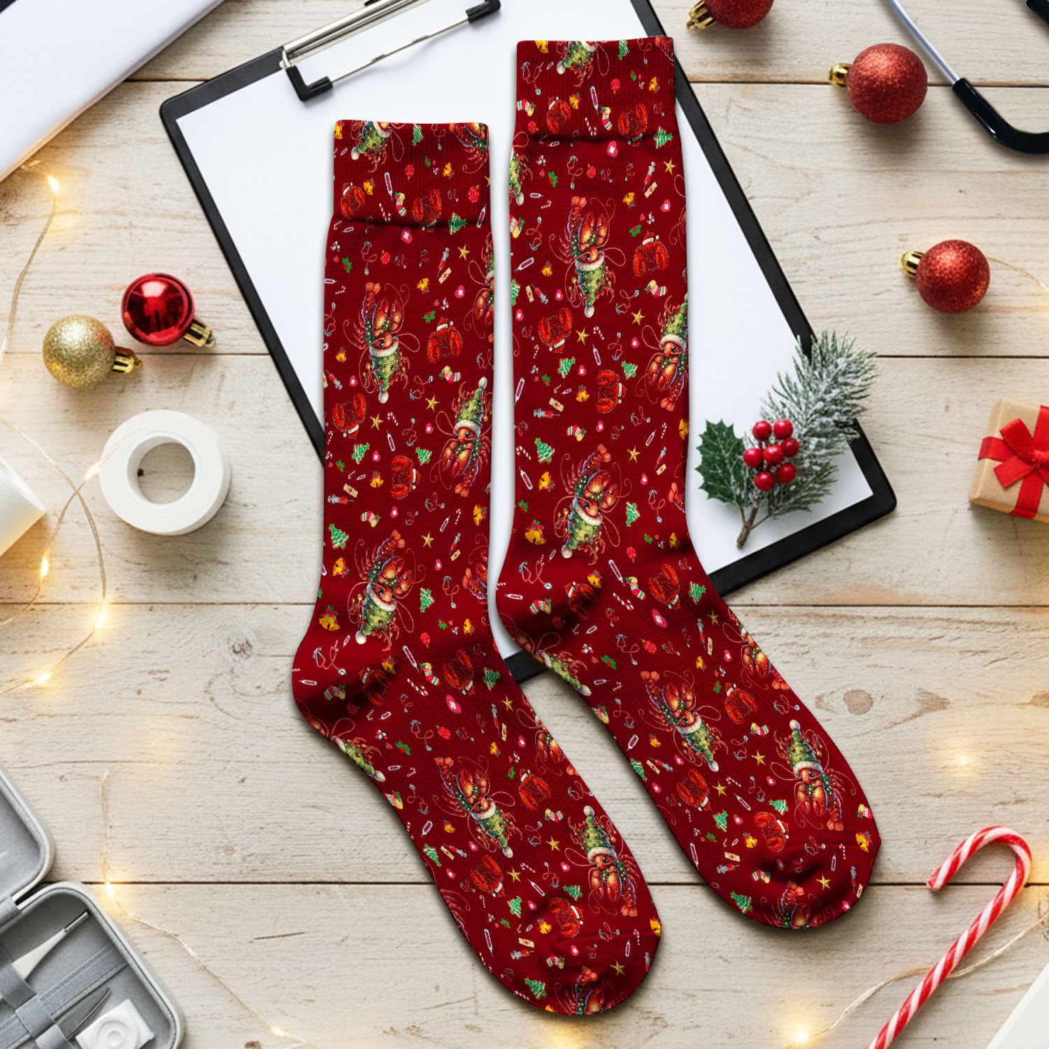 Whimsical Crawfish Christmas Scrub Socks – Southern Christmas Cajun Holiday Crawfish Pattern – Cute Medical Uniform for Nurses, Vets And Healthcare Workers