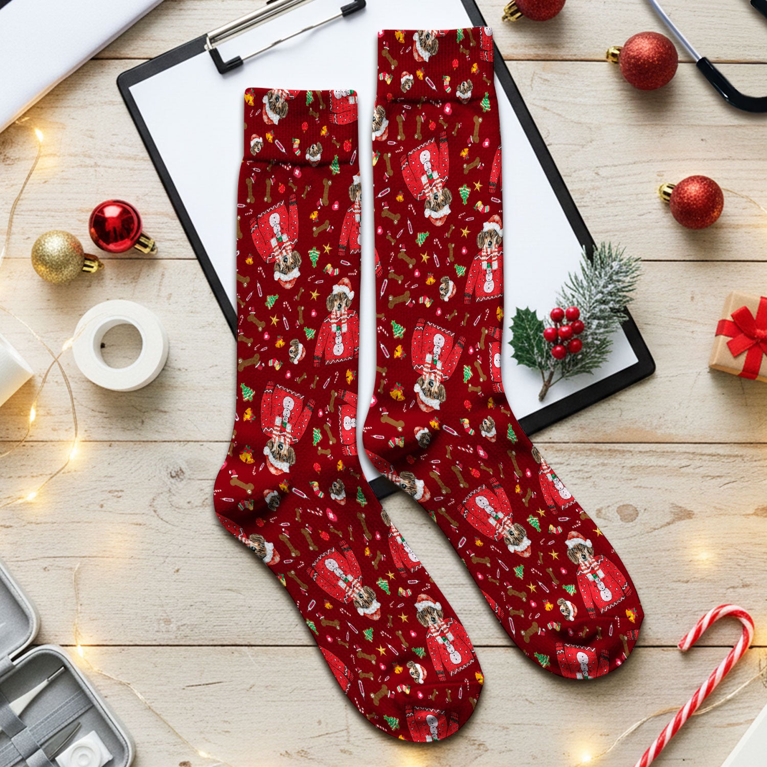 Funny Dog Christmas Socks – Cute Puppy in Santa Outfit Pattern – Festive Holiday Medical Uniform For Nurses And Pet Lovers
