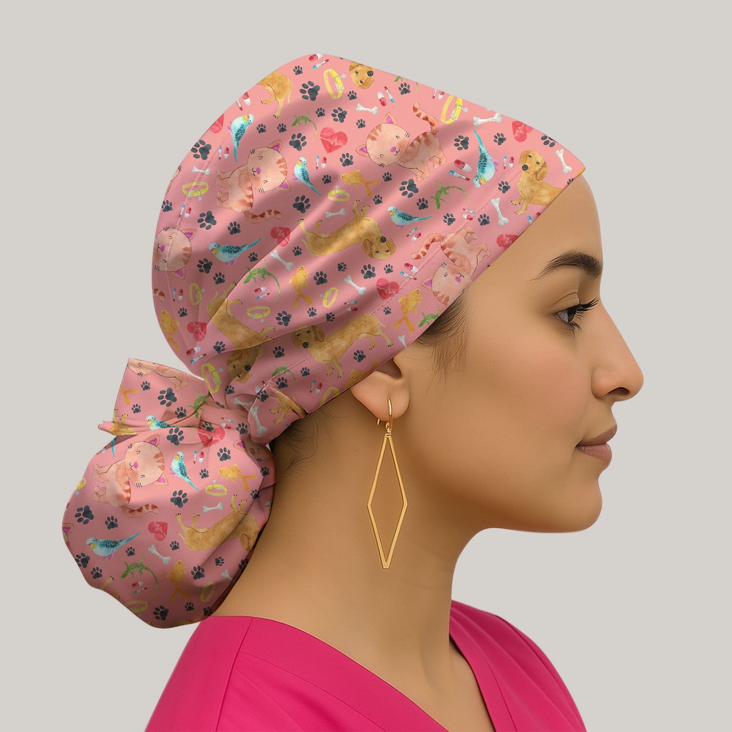 Cute Cat Dog Bouffant Scrub Caps for Women - Funny Veterinary Surgical Caps for Doctors - Breathable Fabrics Caps Uniform