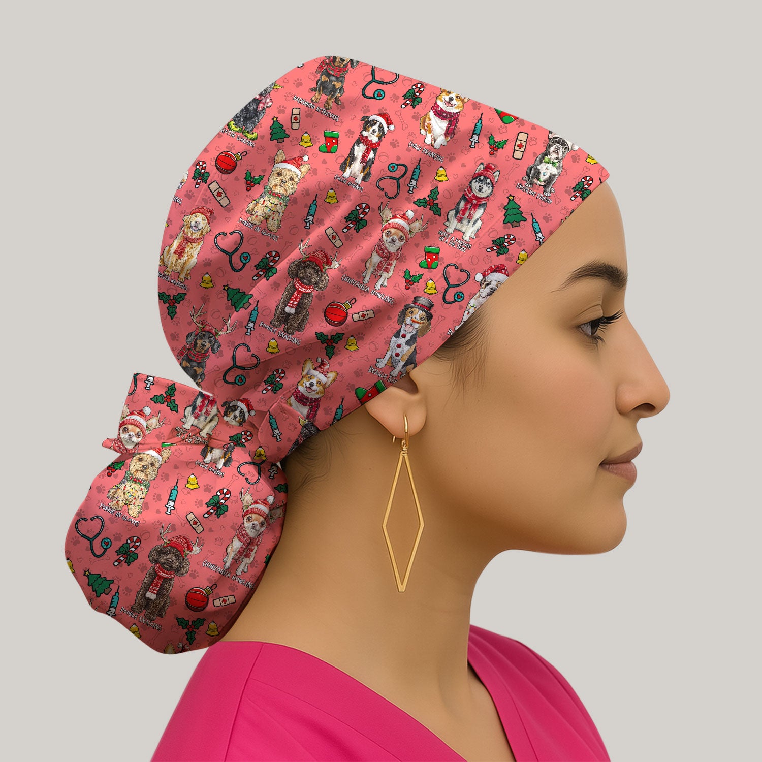 Cute Christmas Dog Bouffant Scrub Caps for Women - Corgi, Dachshund, Husky, Poodle & Labrador Surgical Caps for Doctors - Breathable Fabrics Caps Uniform