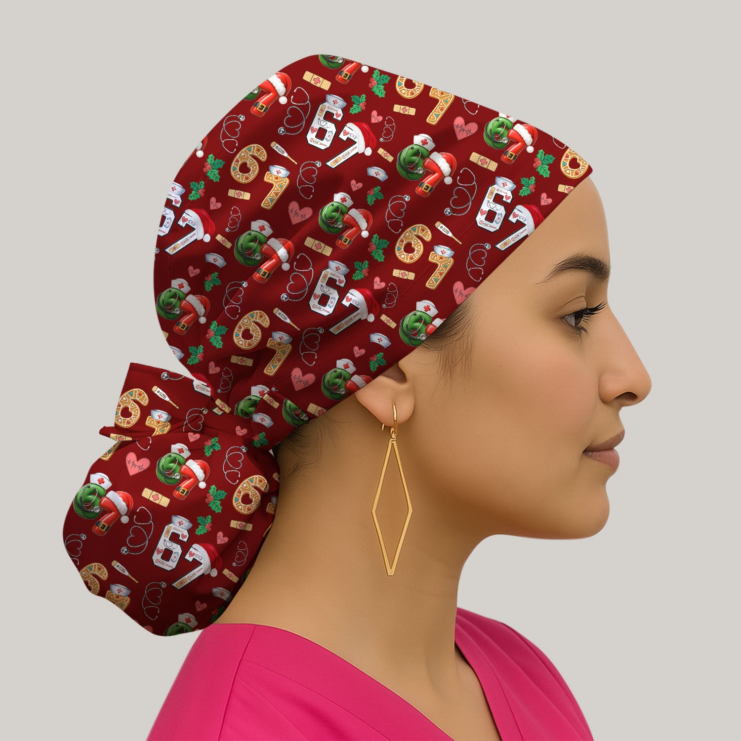 Christmas Nurse 67 Pattern Scrub Cap, Cute Holiday Medical Hat With Santa Hat, Uniform For Nursing