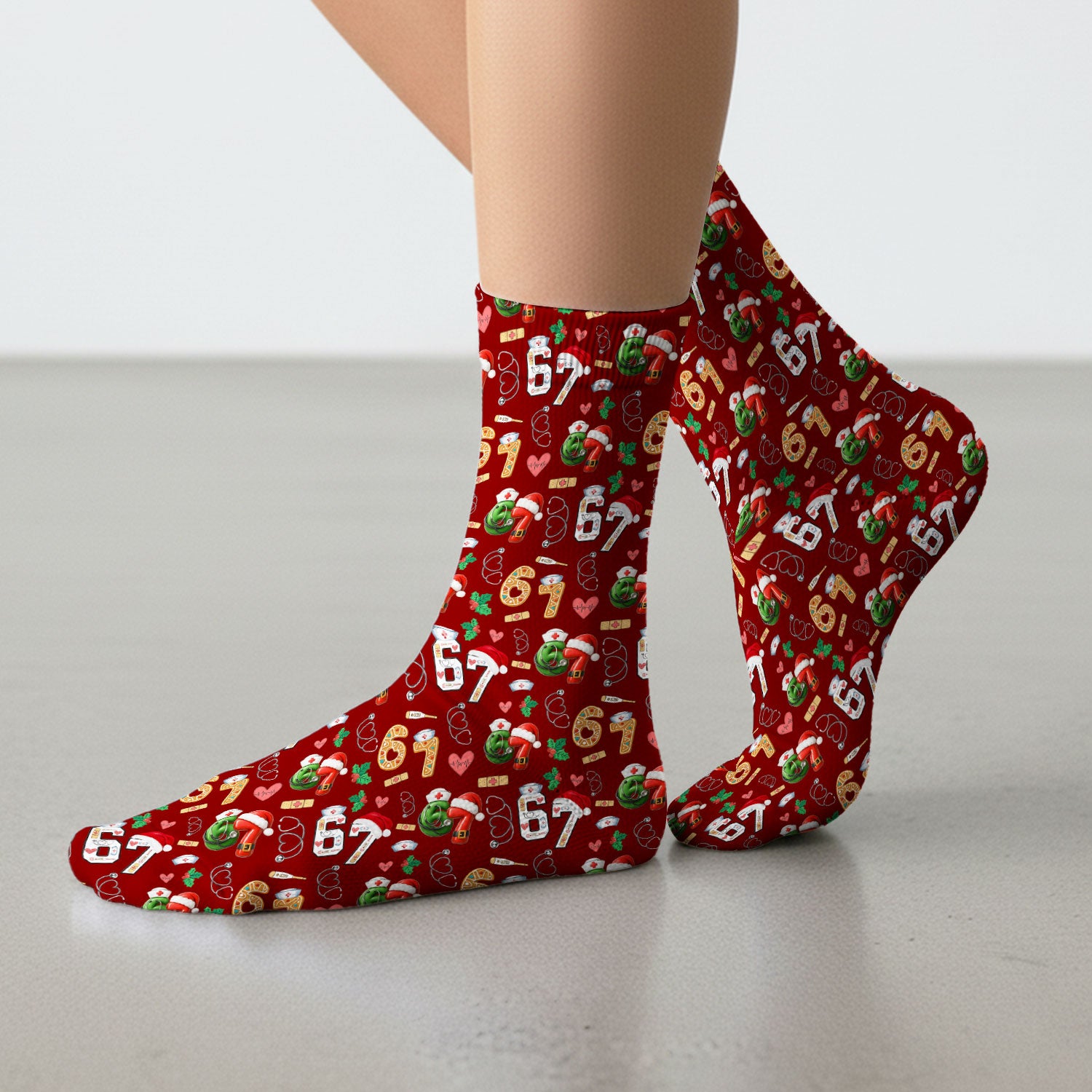 Christmas Nurse 67 Pattern Scrub Socks, Cute Holiday Medical Sock With Santa Hat, Uniform For Nursing