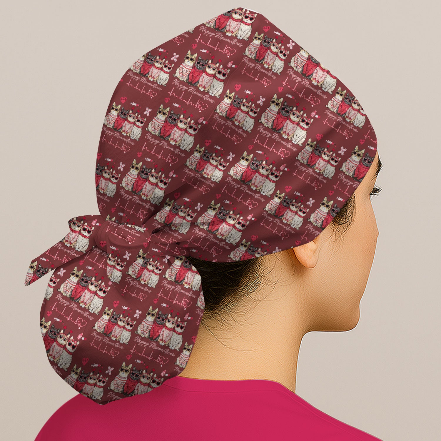 Happy Meowtines Cat Pattern Scrub Cap, Valentine Cat Lover Nurse Scrub Hat, Heartbeat Medical Pattern Nursing Uniform
