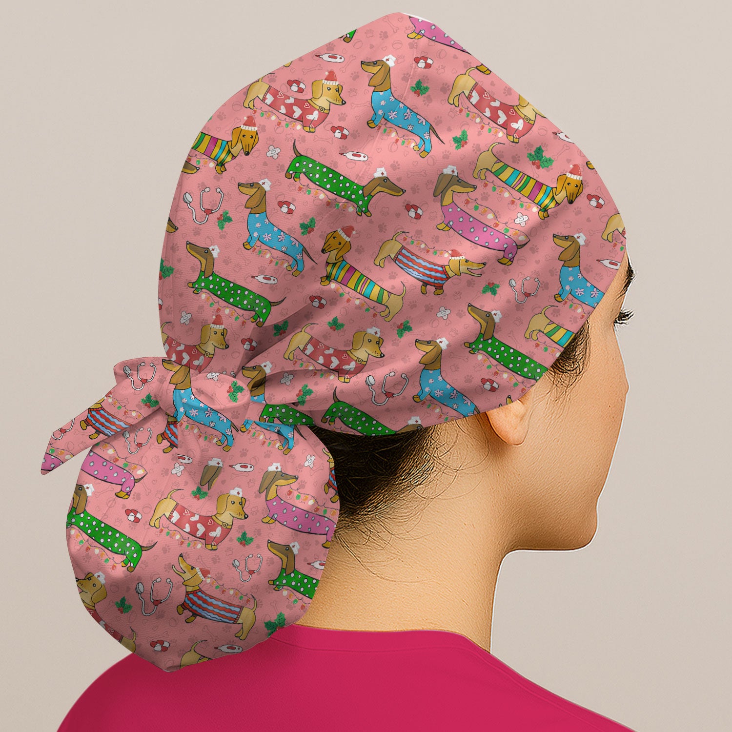 Funny Dachshund Bouffant Scrub Caps for Women - Cute Wiener Dog Holiday Nursing Gift - Puppy Lover Gift