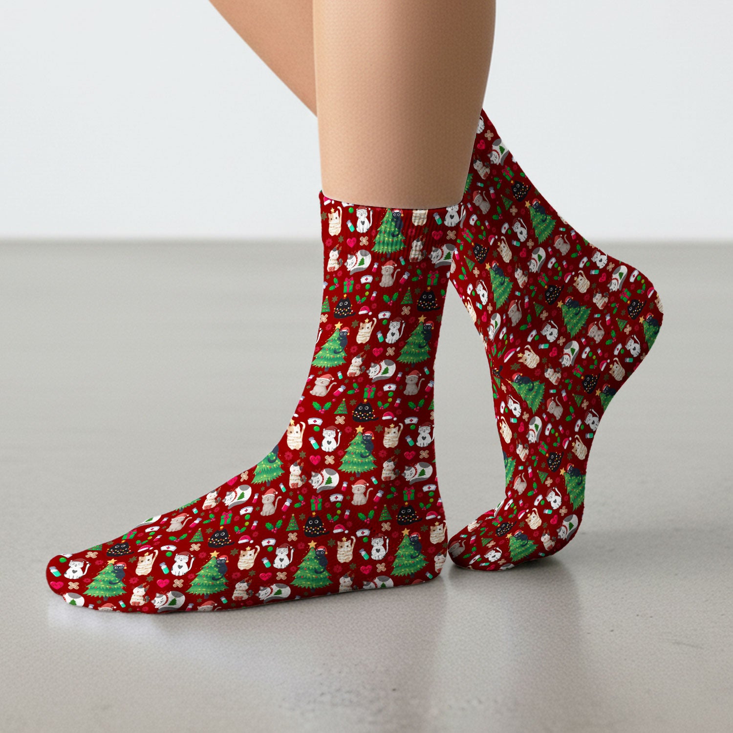 Christmas Cat Scrub Socks, Xmas Pet Pattern Scrub Sock, Breathable Fabrics Nursing Uniform