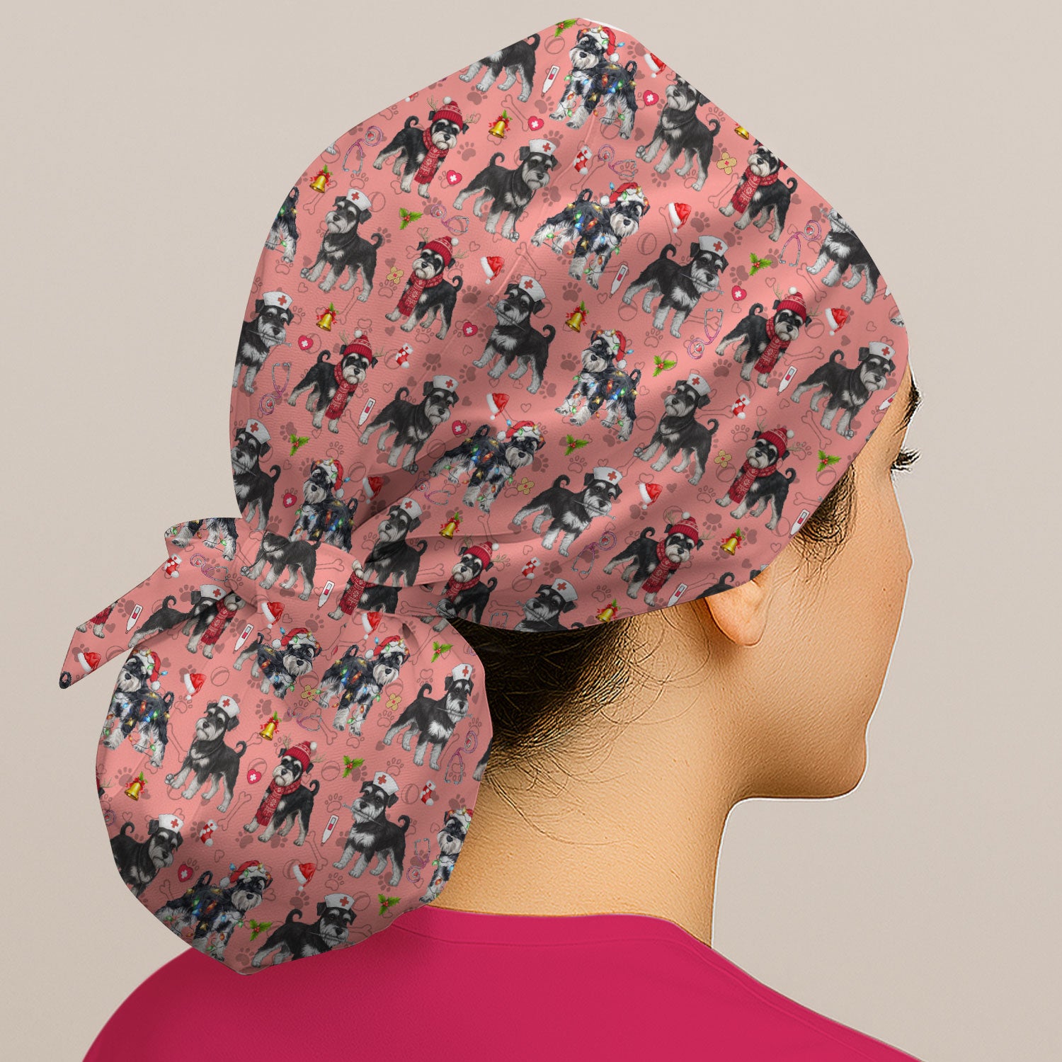 Christmas Schnauzer Bouffant Scrub Caps for Women - Cute Dog Holiday Gift - Breathable Fabrics Caps Uniform