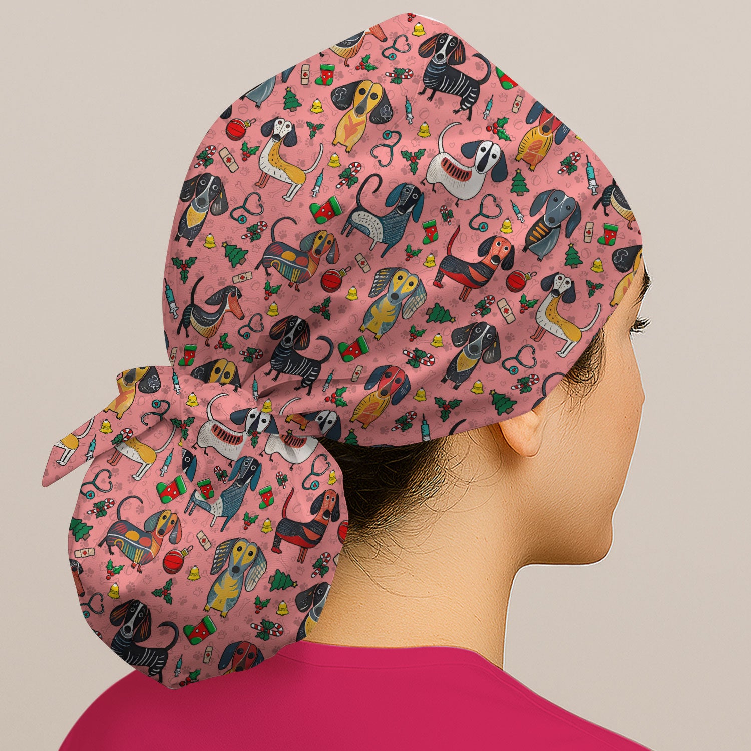 Christmas Wiener Dog Bouffant Scrub Caps for Women - Dachshund Holiday Nursing Gift - Breathable Fabrics Caps Uniform