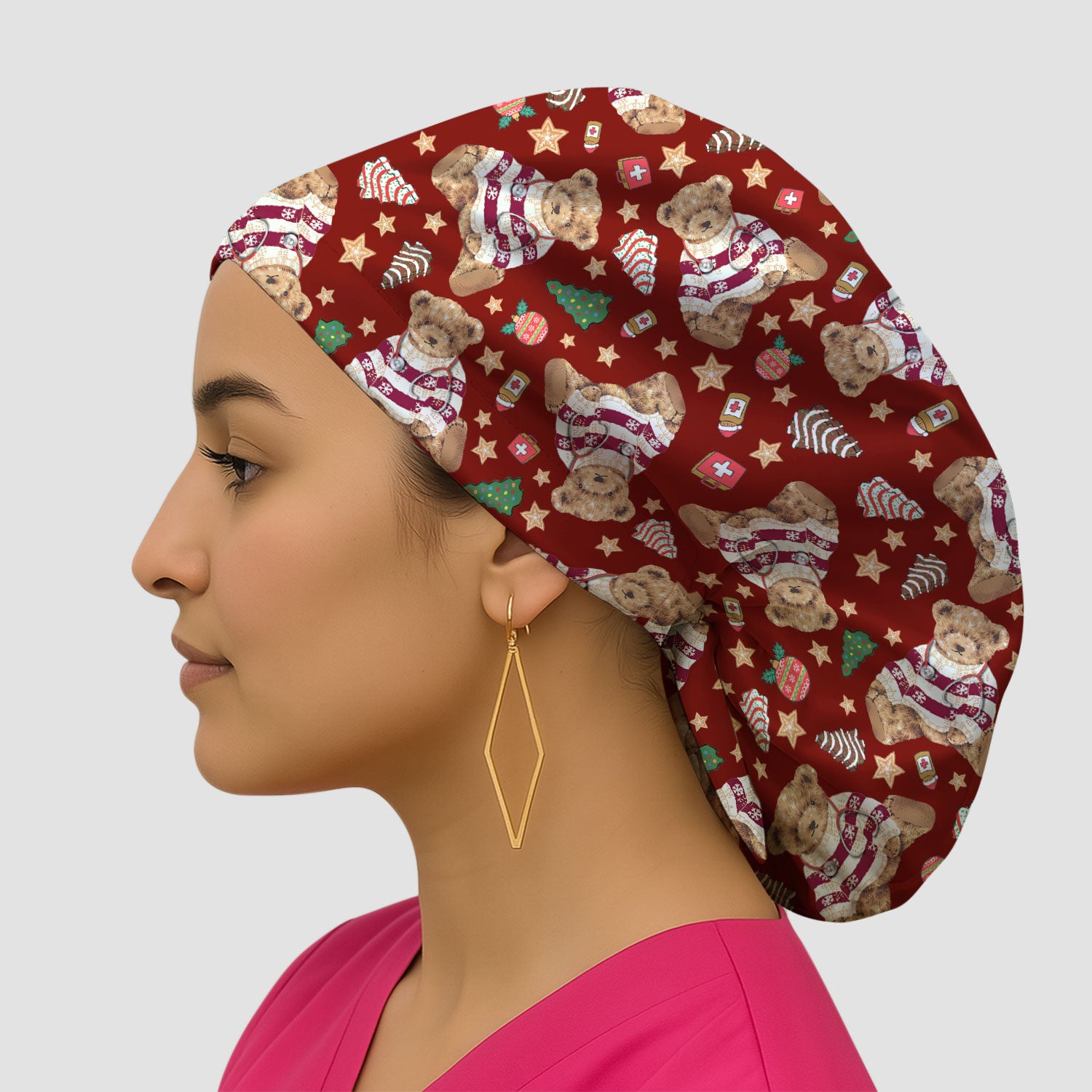 Teddy Bear Christmas Bouffant Scrub Caps for Women - Festive Holiday Nursing Gift - Breathable Fabrics Caps Uniform