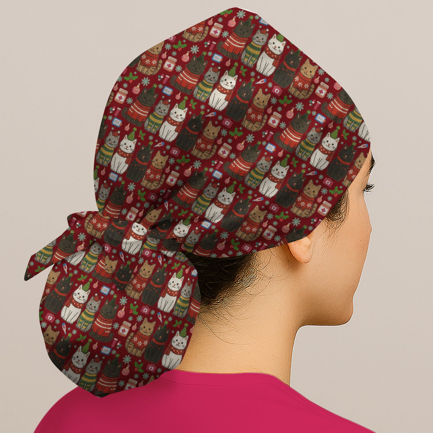 Christmas Cat Bouffant Scrub Cap For Women, Festive Hat for Nurses, Cute Cat Lover Gift For Her