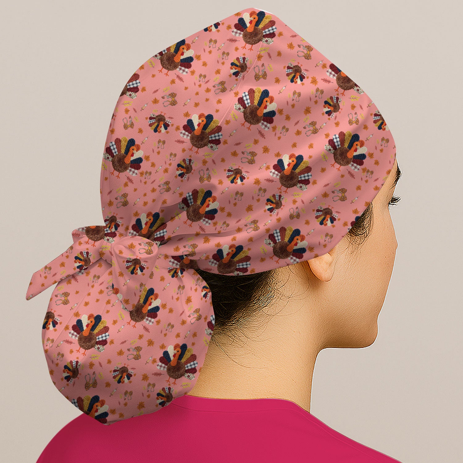 Thanksgiving Bouffant Scrub Caps for Women - Funny Autumn Turkey Surgical Caps for Doctors - Breathable Fabrics Caps Uniform