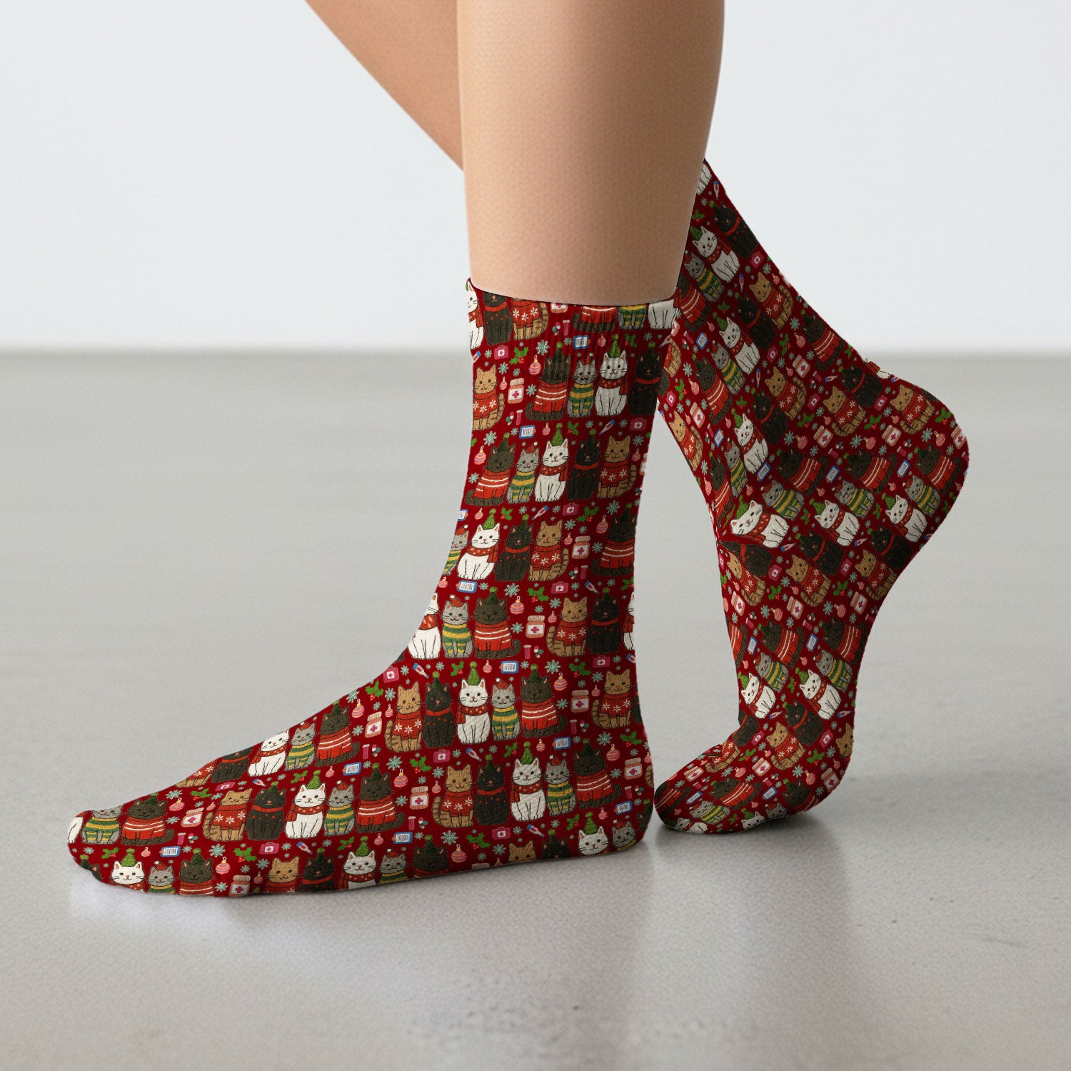Christmas Cat Nurse Socks, Funny Holiday Medical Socks, Cute RN Gift For Nurses, Cat Lover Xmas Socks