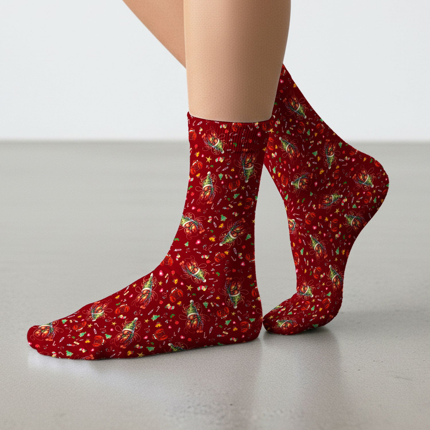 Whimsical Crawfish Christmas Scrub Socks – Southern Christmas Cajun Holiday Crawfish Pattern – Cute Medical Uniform for Nurses, Vets And Healthcare Workers