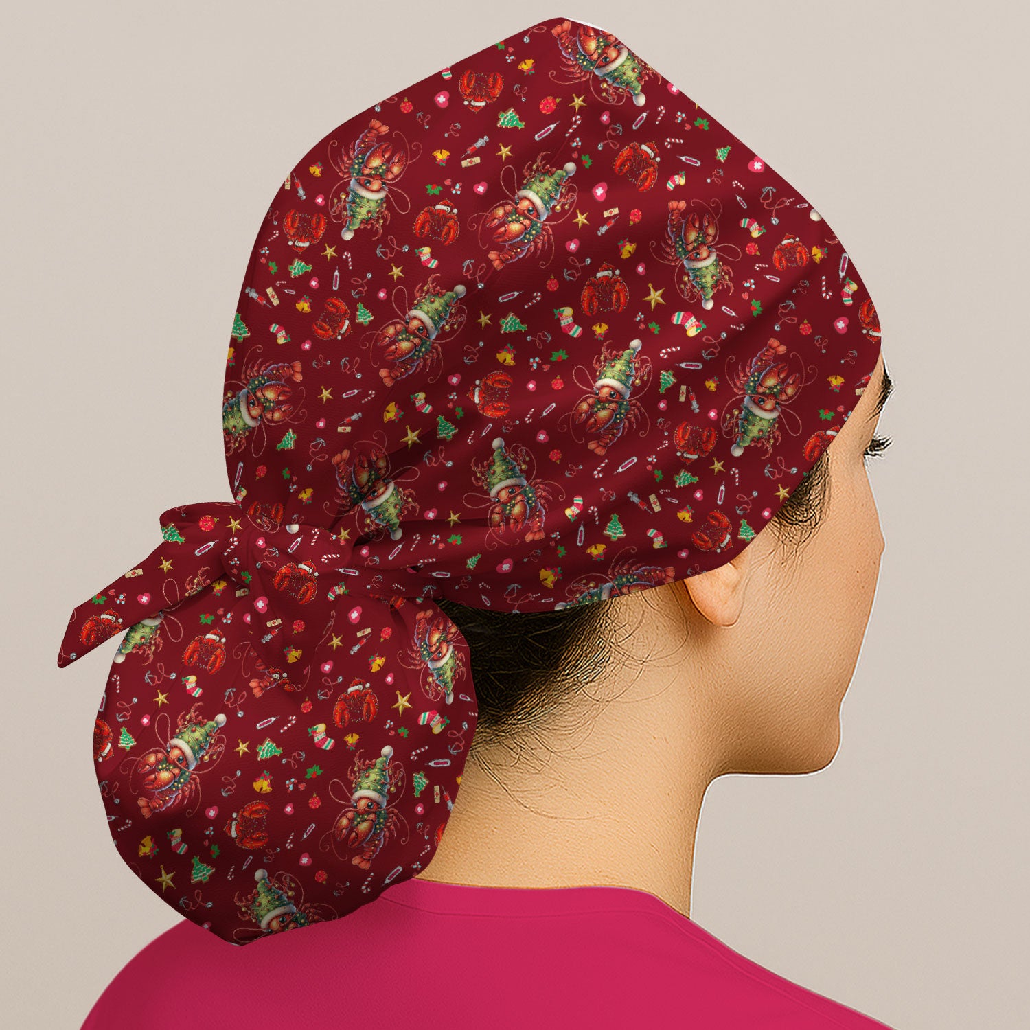 Whimsical Crawfish Christmas Scrub Cap – Southern Christmas Cajun Holiday Crawfish Pattern – Cute Medical Uniform for Nurses, Vets And Healthcare Workers