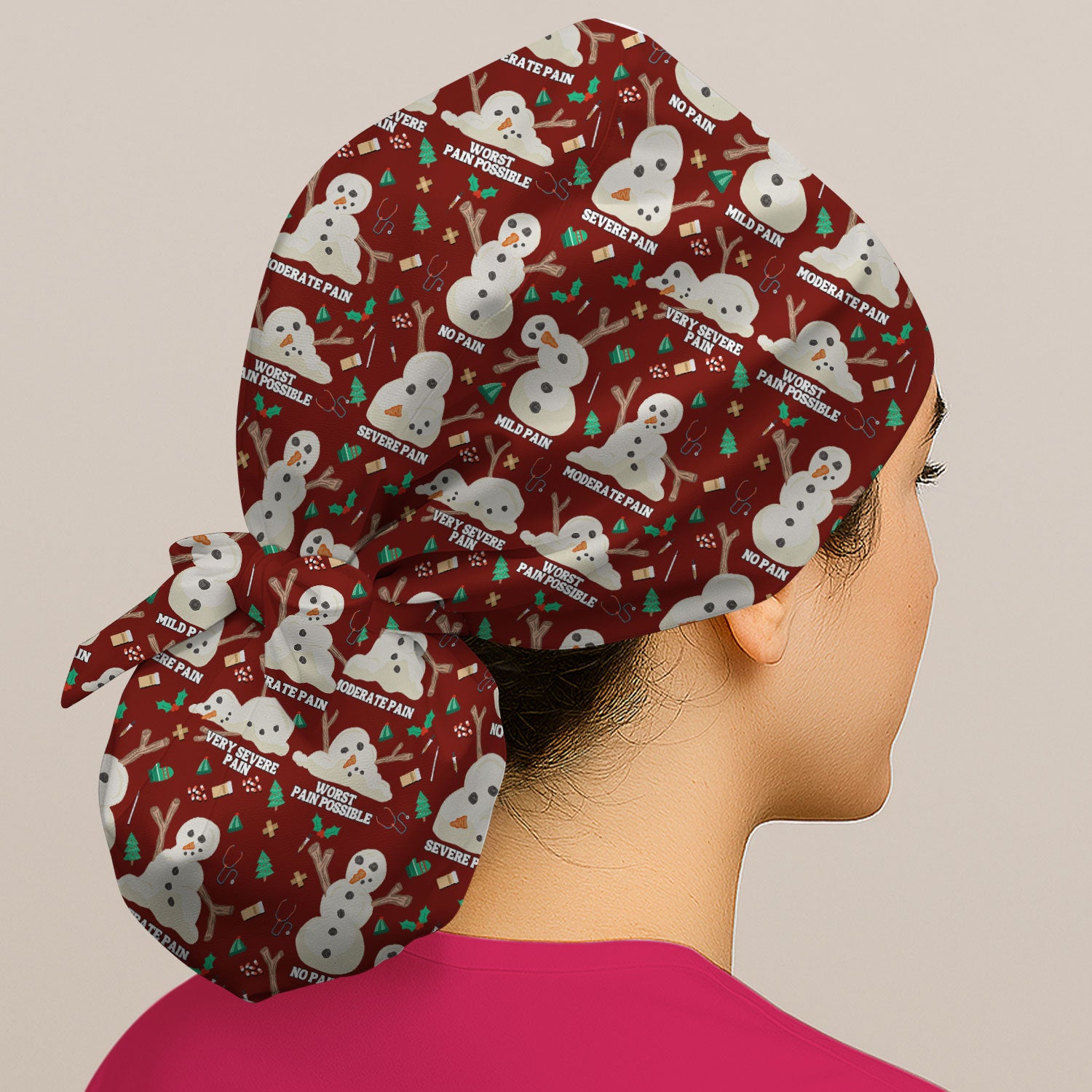 Funny Snowman Pain Scale Bouffant Scrub Caps for Women - Christmas Holiday Nursing Gift