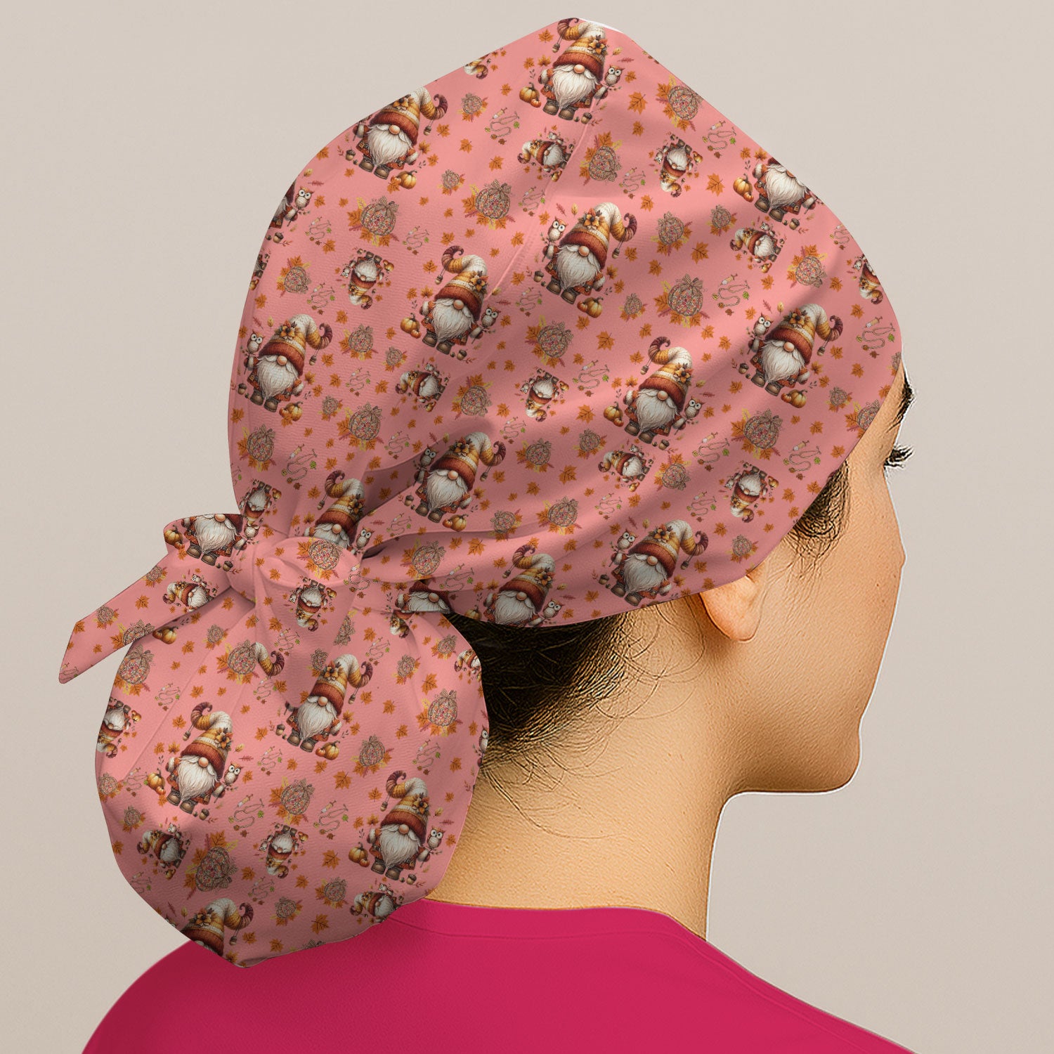 Autumn Leaves Pumpkin Bouffant Scrub Caps for Women - Thanksgiving Surgical Caps for Doctors - Gnome Lover Gift for Her