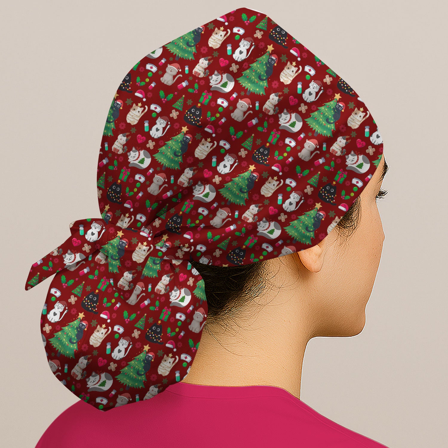 Christmas Cat Scrub Hat, Xmas Pet Pattern Scrub Cap, Breathable Fabrics Nursing Uniform