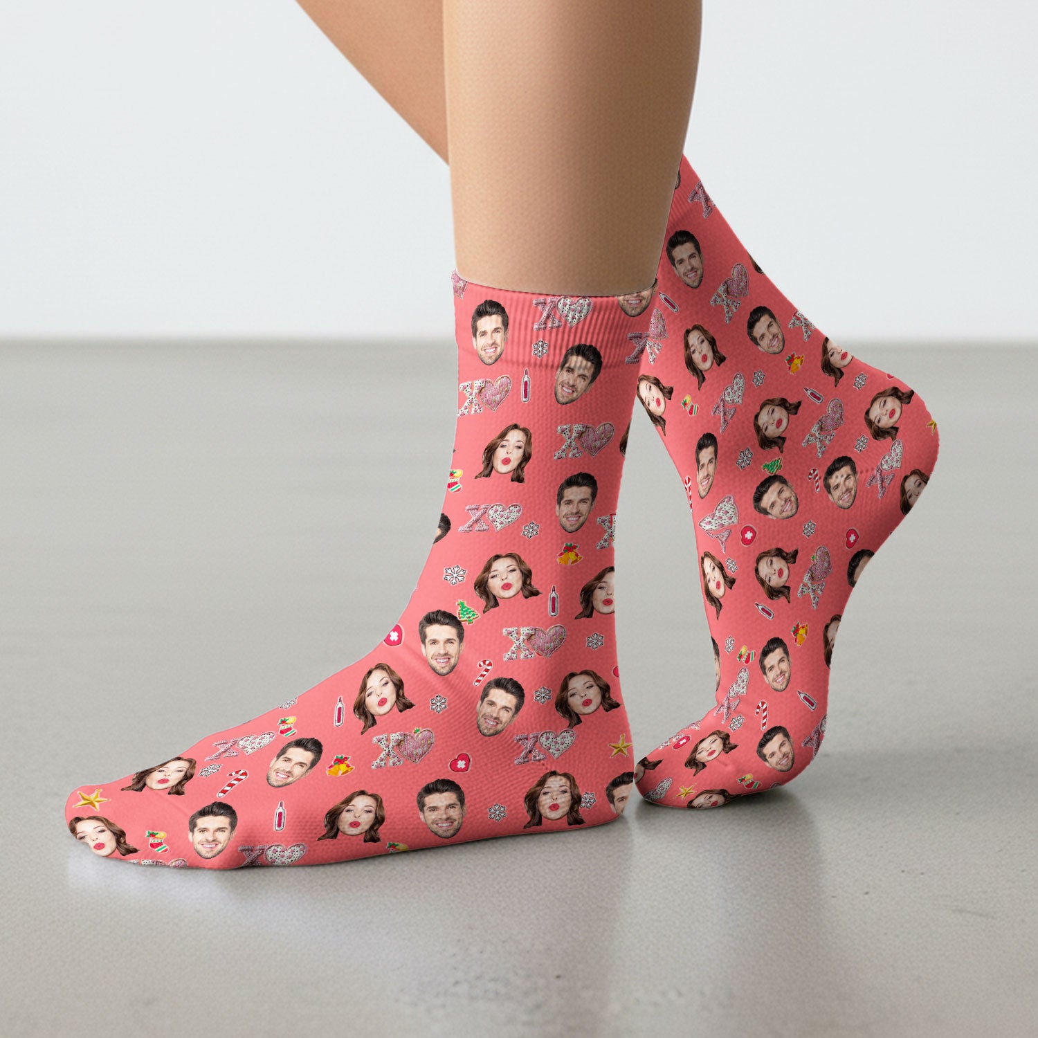 Custom Face Pattern XOXO Scrub Sock, Personalized Photo Scrub Socks, Breathable Fabrics Nursing Uniform