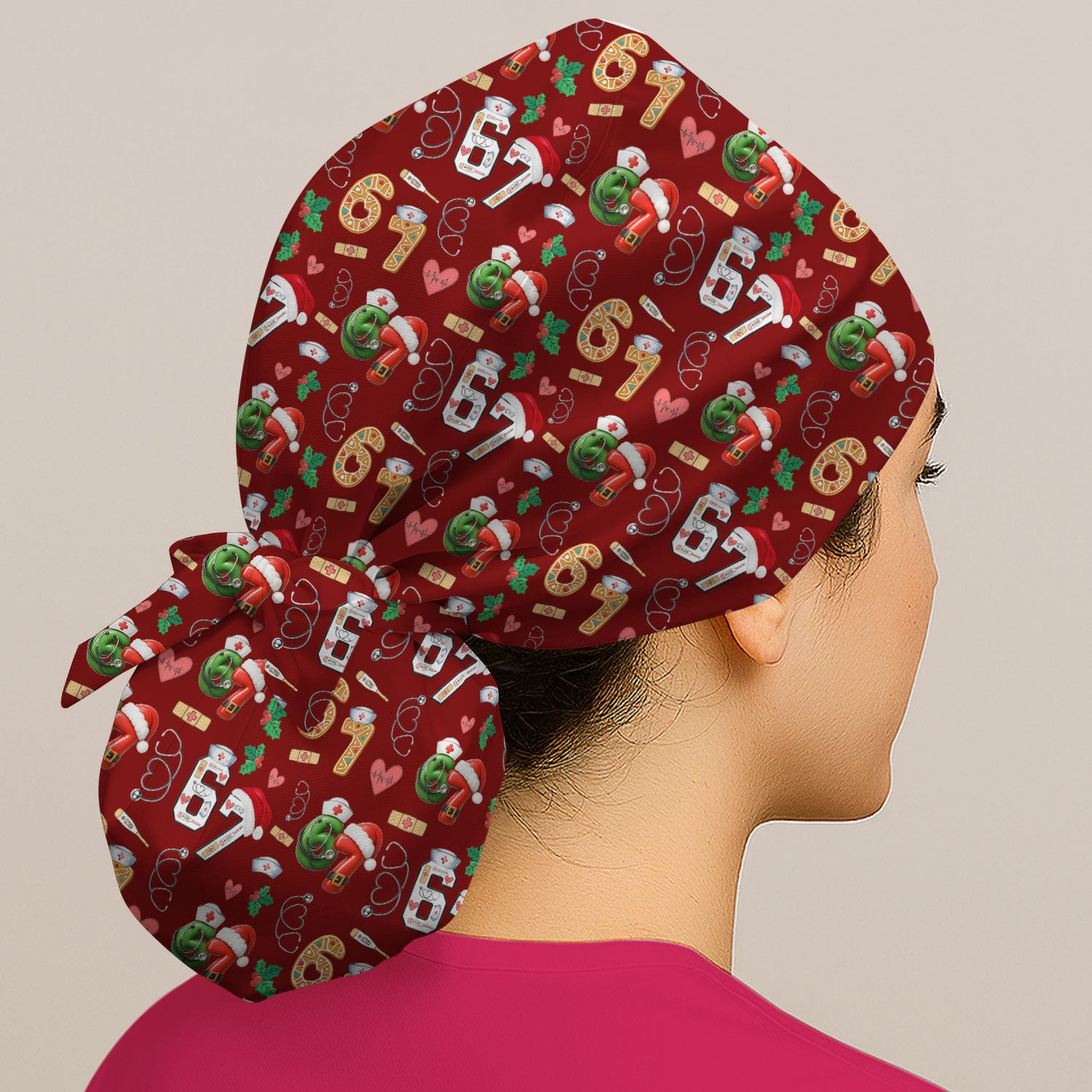Christmas Nurse 67 Pattern Scrub Cap, Cute Holiday Medical Hat With Santa Hat, Uniform For Nursing