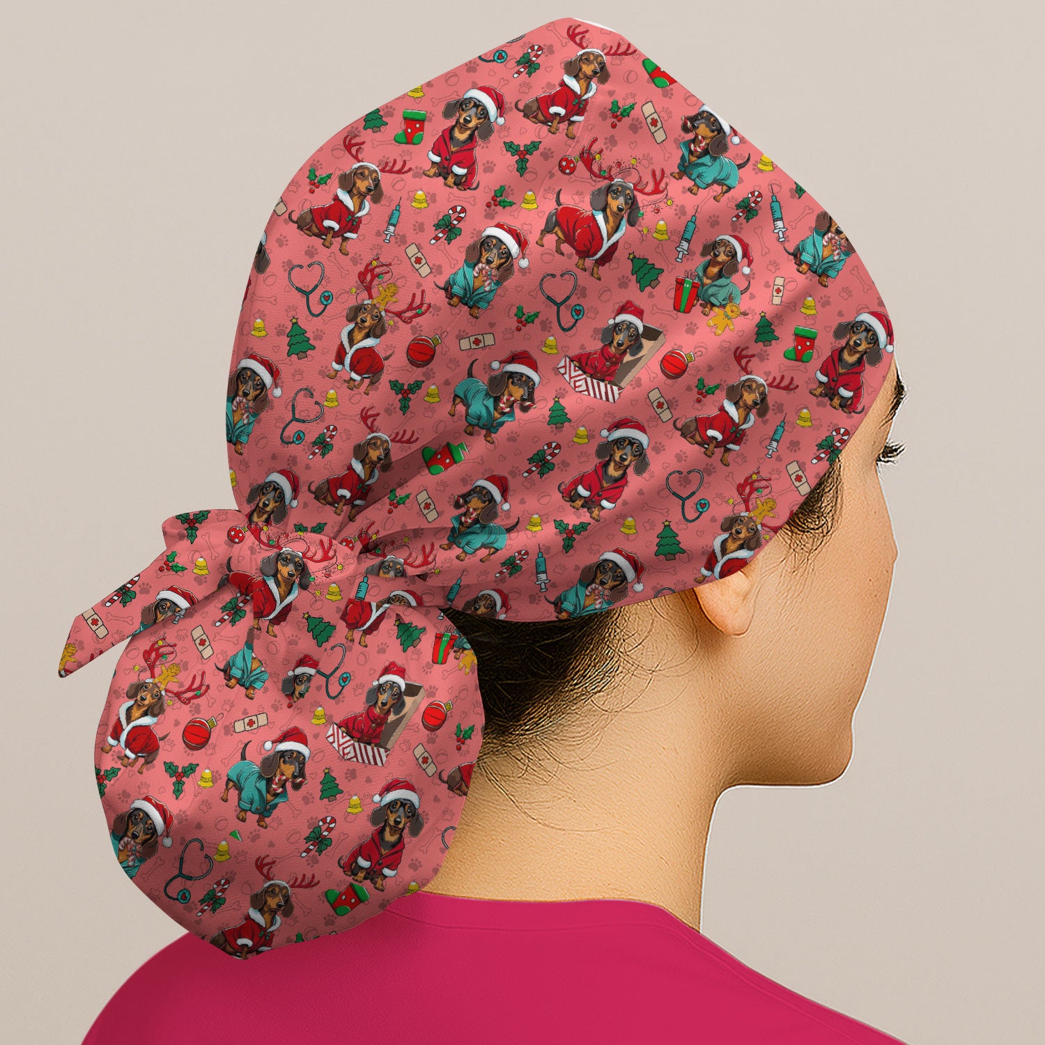 Christmas Dachshund Bouffant Scrub Caps for Women - Cute Sausage Dog Holiday Caps - Funny Reindeer & Santa - Breathable Fabrics Caps Uniform