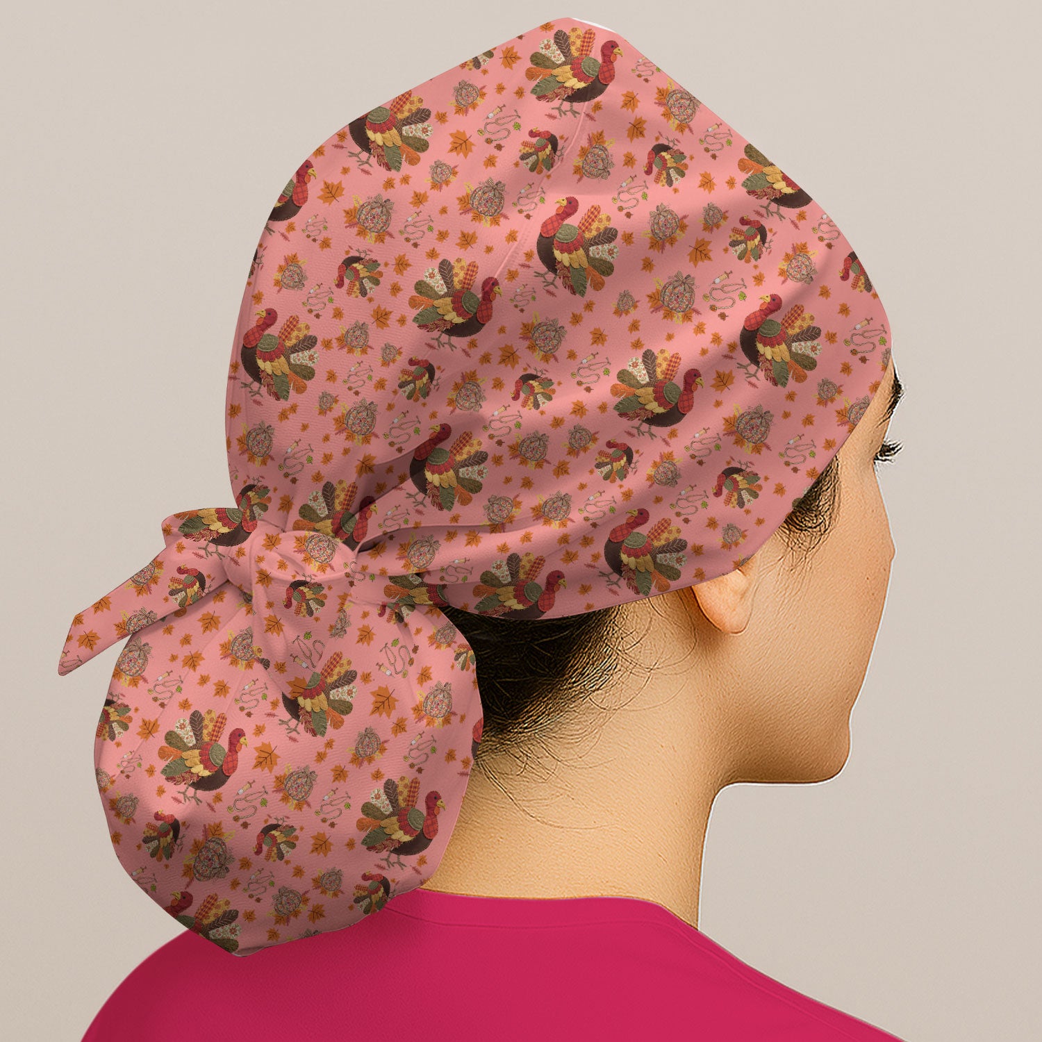 Fall Leaves Thanksgiving Bouffant Scrub Caps for Women - Breathable Fabrics Caps Uniform - Funny Turkey Surgical Caps for Doctors
