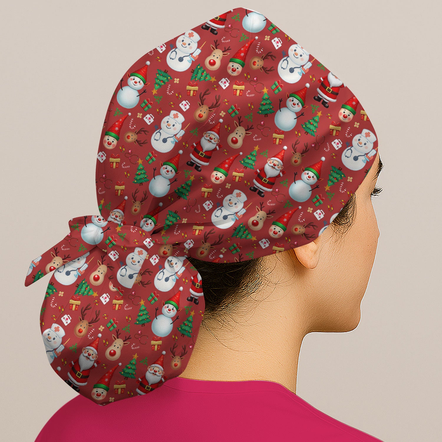 Christmas Bouffant Scrub Caps for Women - Cute Snowman Reindeer Santa Surgical Caps for Doctors - Breathable Fabrics Caps Uniform