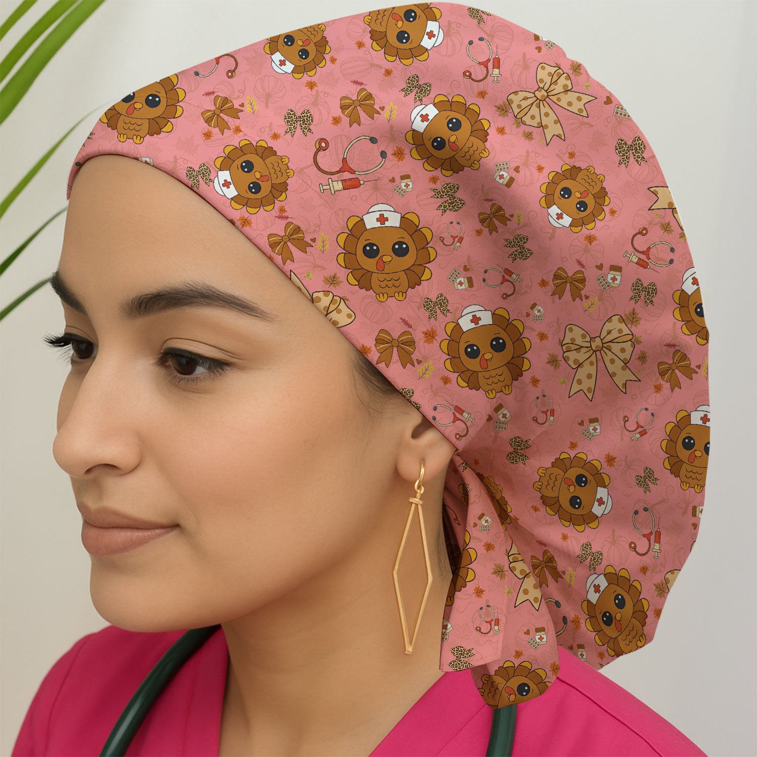 Thanksgiving Bouffant Scrub Caps for Women - Fall Leaves and Bow Holiday Nursing Gift - Breathable Fabrics Caps Uniform