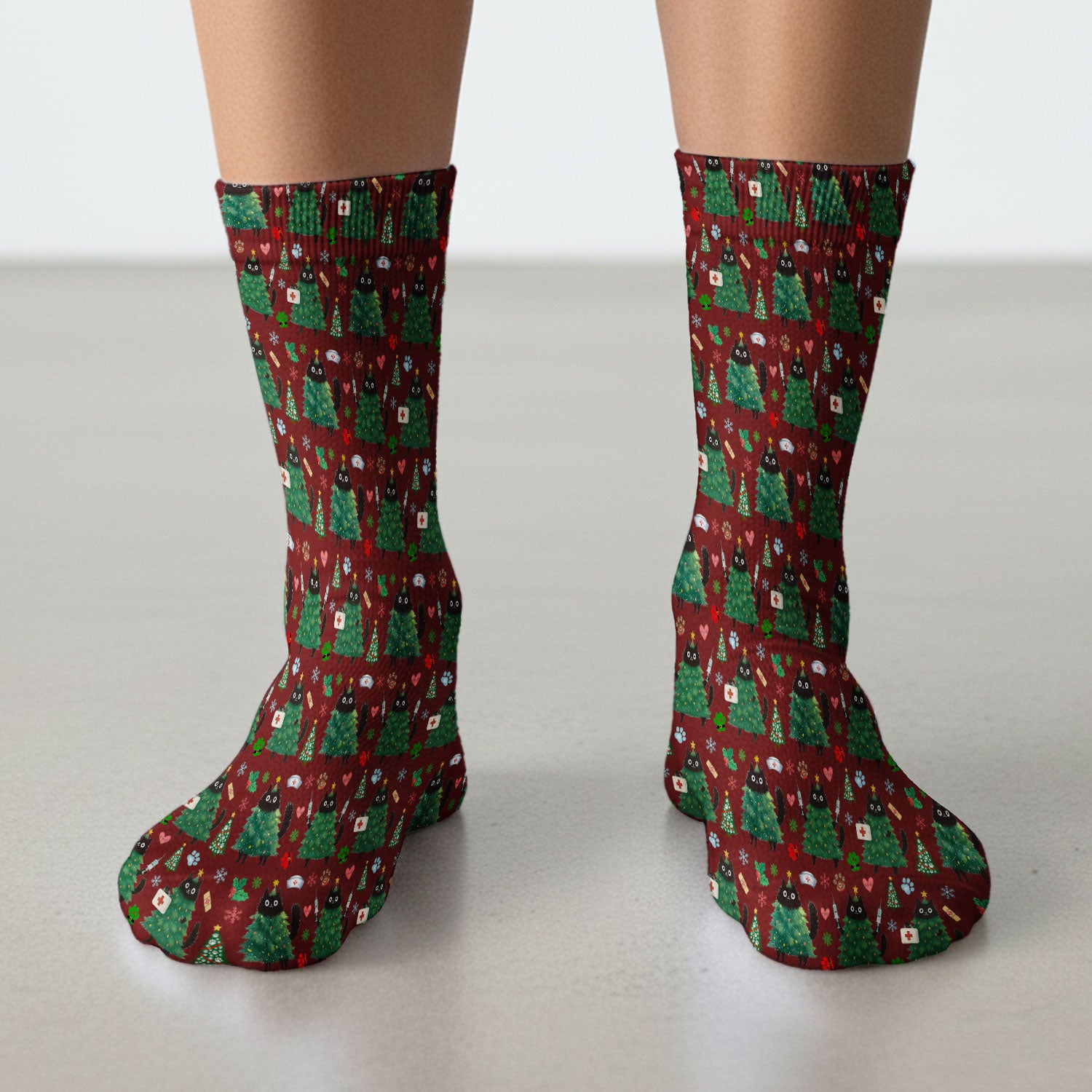 Christmas Nurse Scrub Socks, Xmas Black Cat Pattern Nurse Sock,  Breathable Fabrics Nursing Uniform