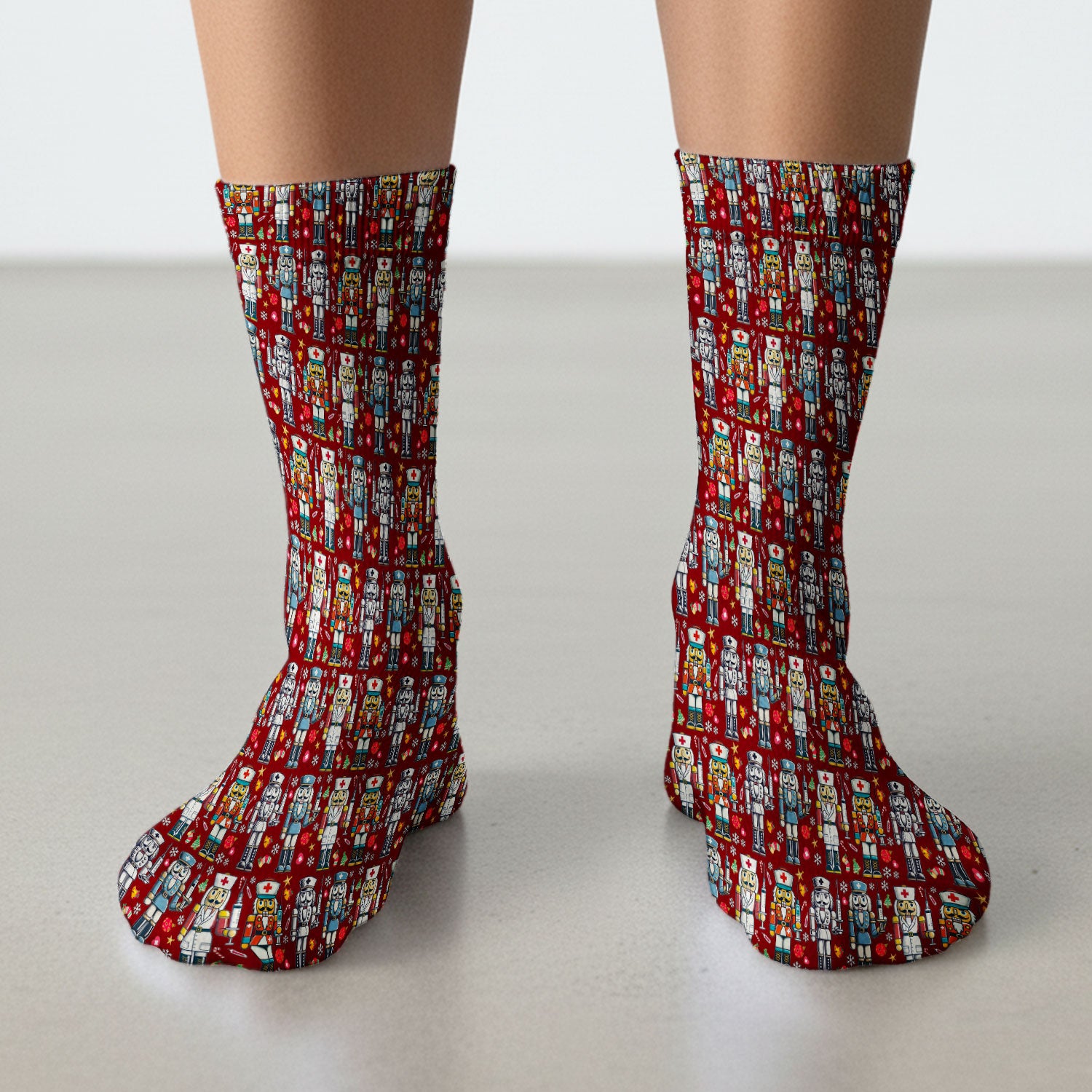 Funny Nutcracker Christmas Socks – Cute Holiday Nurse Pattern Sock – Festive Medical Uniform for RN, LPN, CNA, and Healthcare Workers