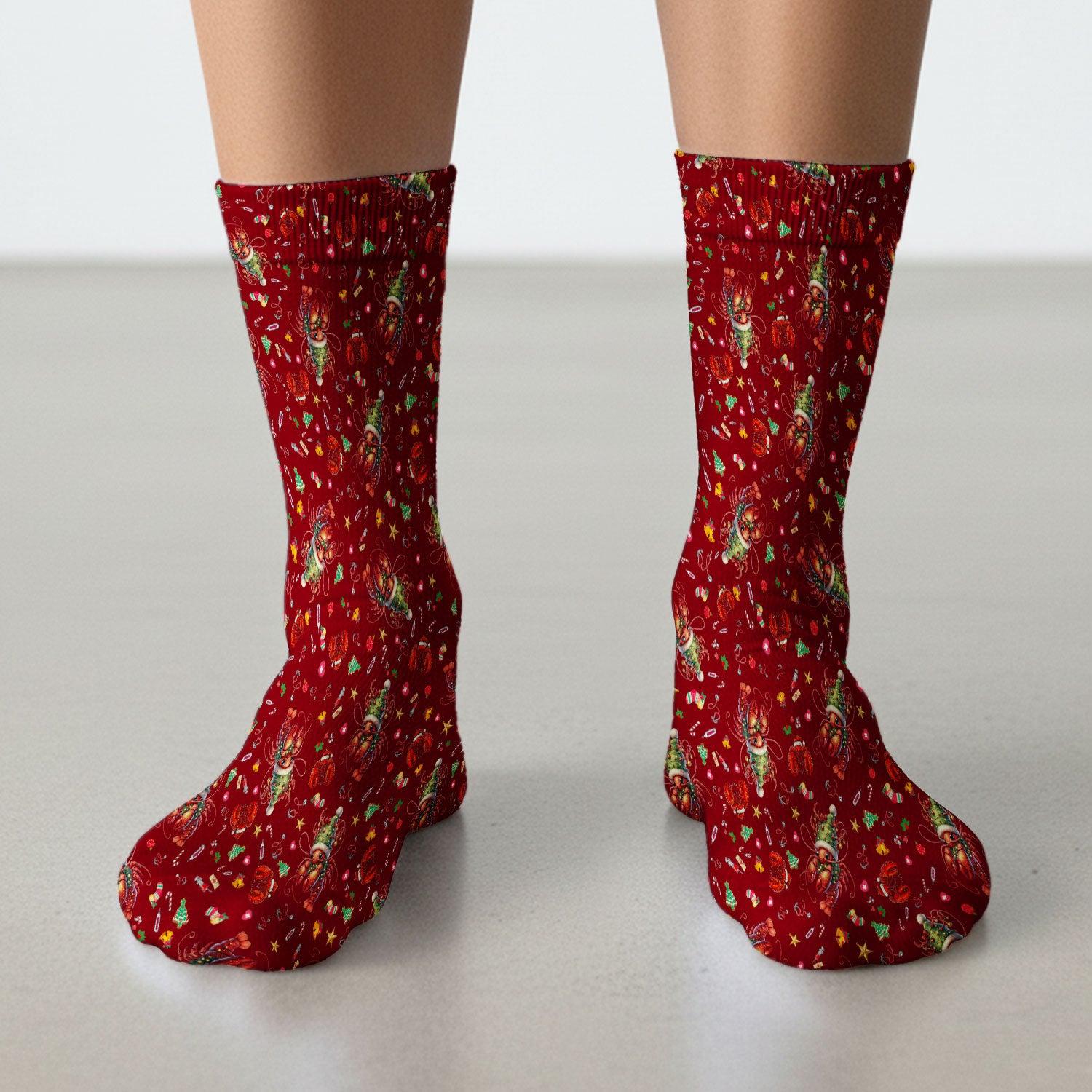 Whimsical Crawfish Christmas Scrub Socks – Southern Christmas Cajun Holiday Crawfish Pattern – Cute Medical Uniform for Nurses, Vets And Healthcare Workers
