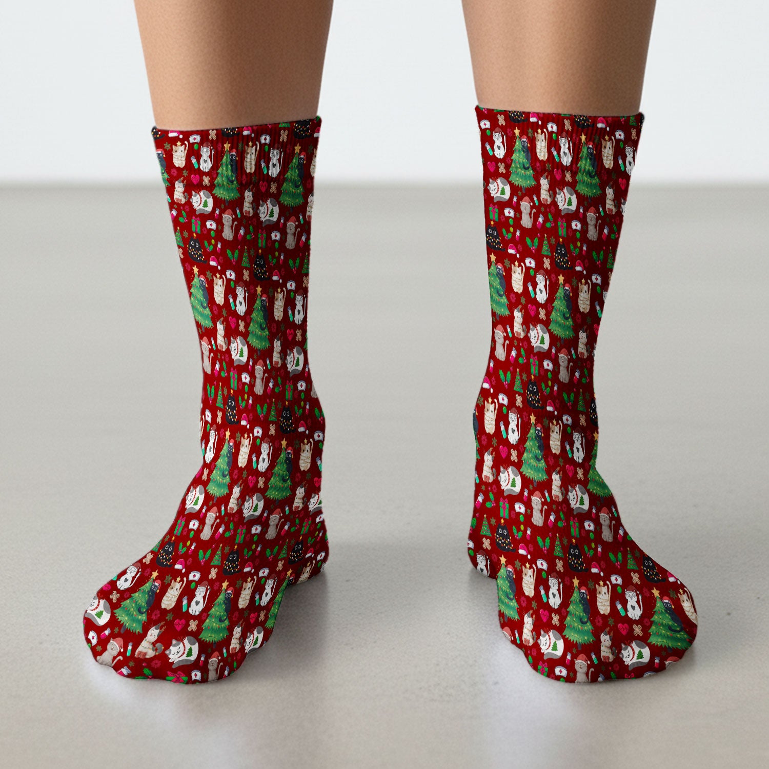 Christmas Cat Scrub Socks, Xmas Pet Pattern Scrub Sock, Breathable Fabrics Nursing Uniform
