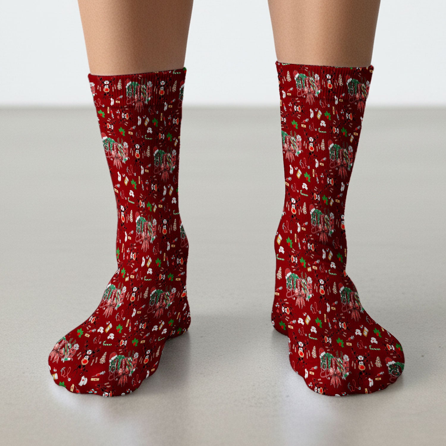 Whimsical Reindeer Christmas Scrub Socks – Festive Holiday Reindeer Pattern – Cute Medical Uniform for Nurses, Vets and Healthcare Workers