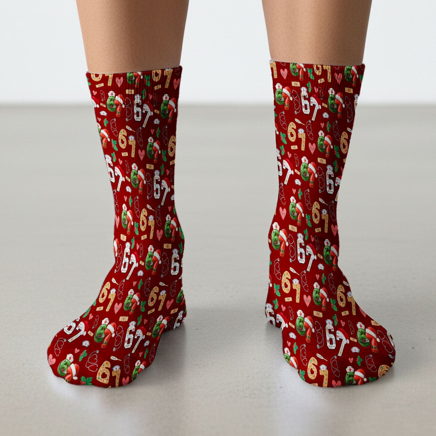 Christmas Nurse 67 Pattern Scrub Socks, Cute Holiday Medical Sock With Santa Hat, Uniform For Nursing